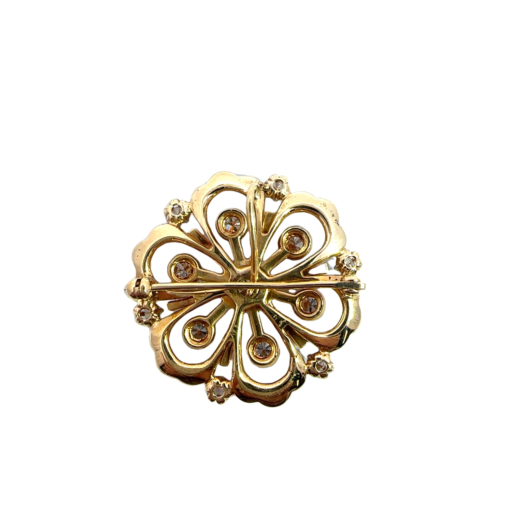 Vintage 14k Yellow Gold and Black Enamel Floral Brooch with Diamonds