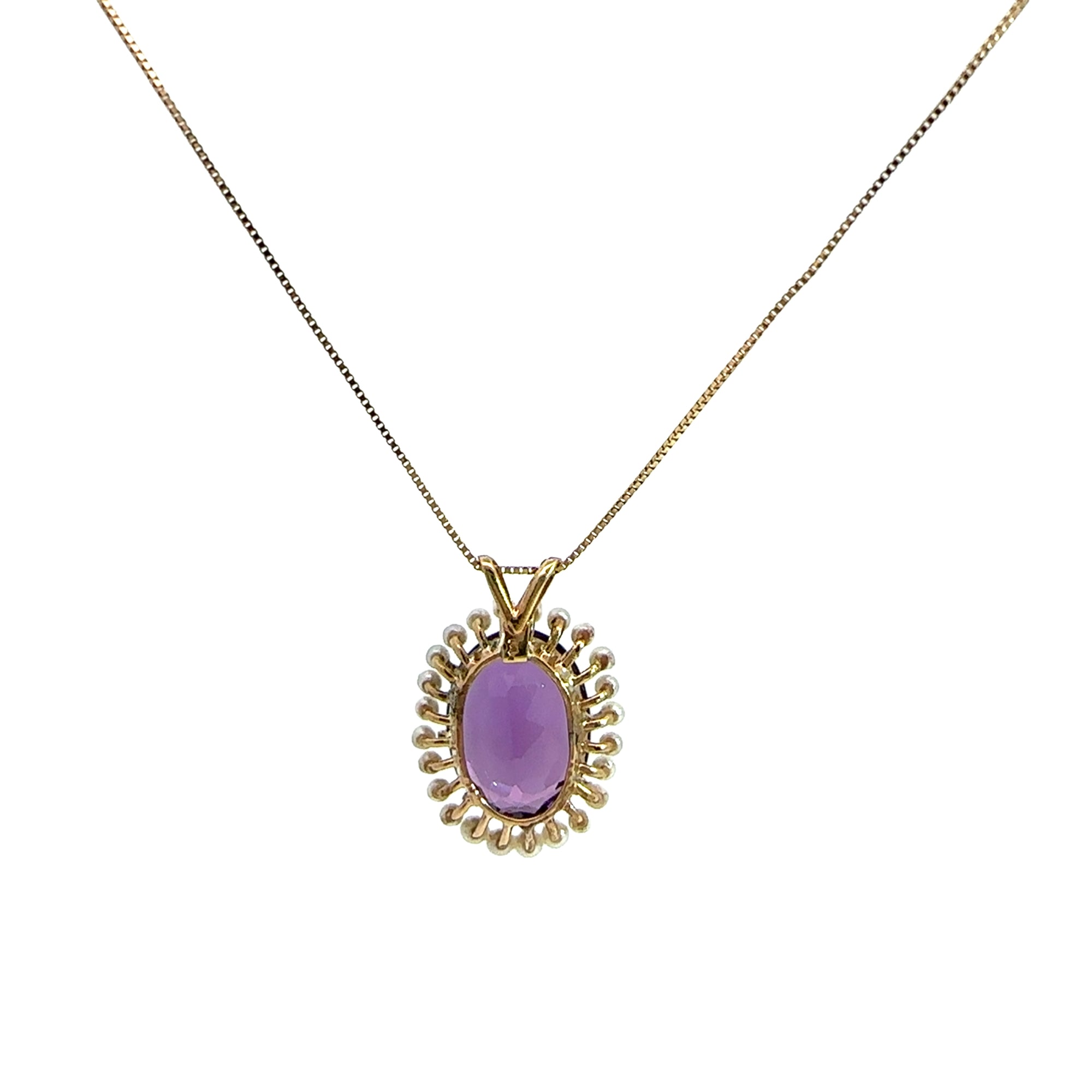 Vintage 14k Yellow Gold Amethyst and Seed Pearl Pendant Necklace 18"