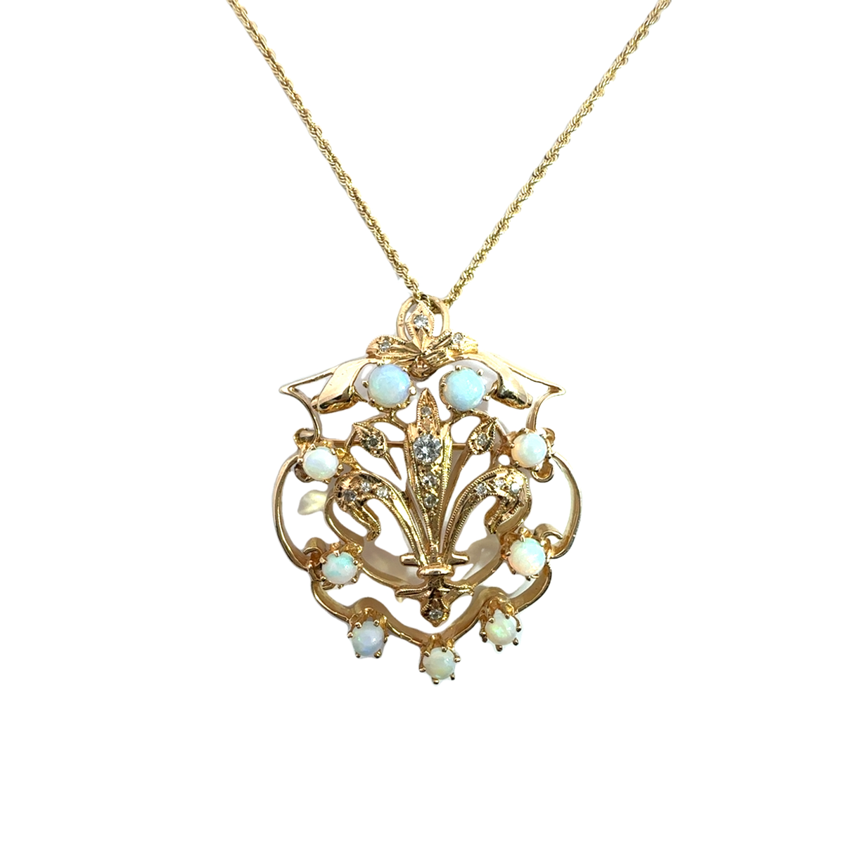 Vintage 14k Yellow Gold Fleur De Lis Opal and Diamond Pendant Necklace 18&quot;