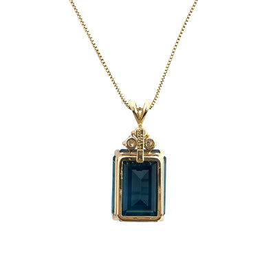 Estate 14k Yellow Gold Emerald Cut Topaz and Diamond Pendant Necklace 24"