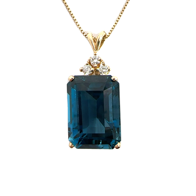 Estate 14k Yellow Gold Emerald Cut Topaz and Diamond Pendant Necklace 24"