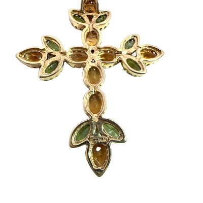 Estate 14k Yellow Gold, Citrine and Peridot Cross Pendant Necklace