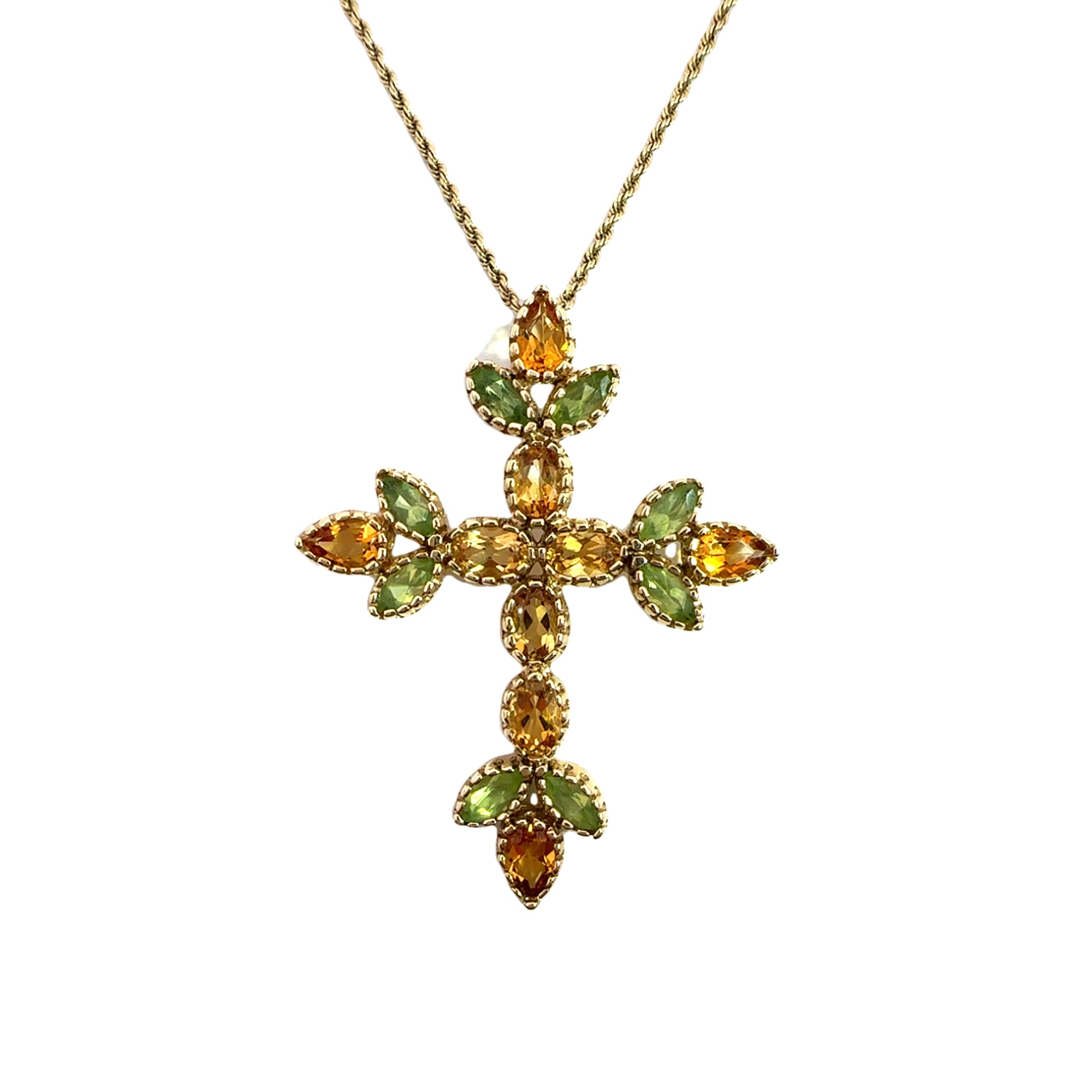 Estate 14k Yellow Gold, Citrine and Peridot Cross Pendant Necklace