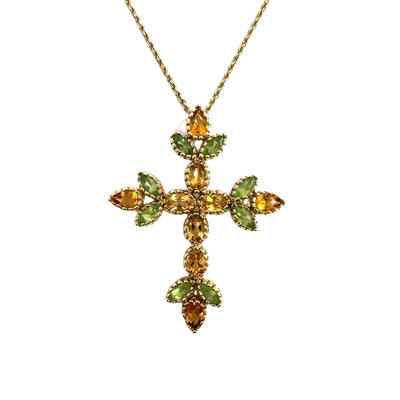 Estate 14k Yellow Gold, Citrine and Peridot Cross Pendant Necklace