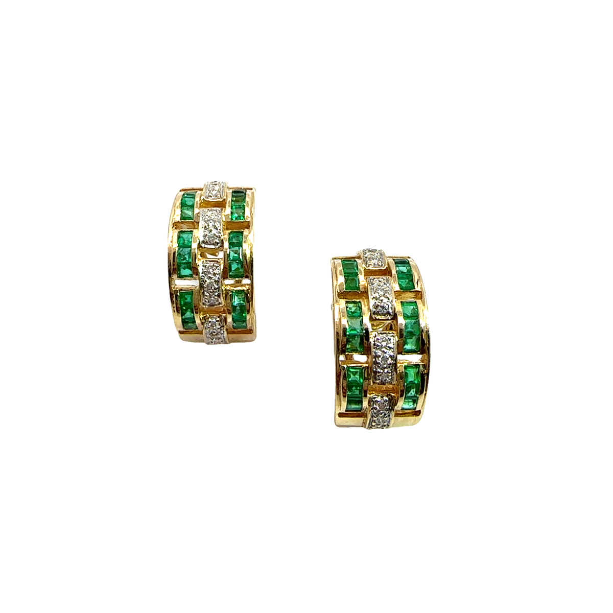 Estate Emerald and Diamond 18k Yellow Gold Earrings