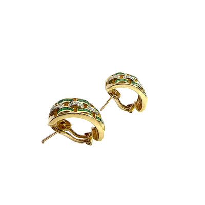 Estate Emerald and Diamond 18k Yellow Gold Earrings