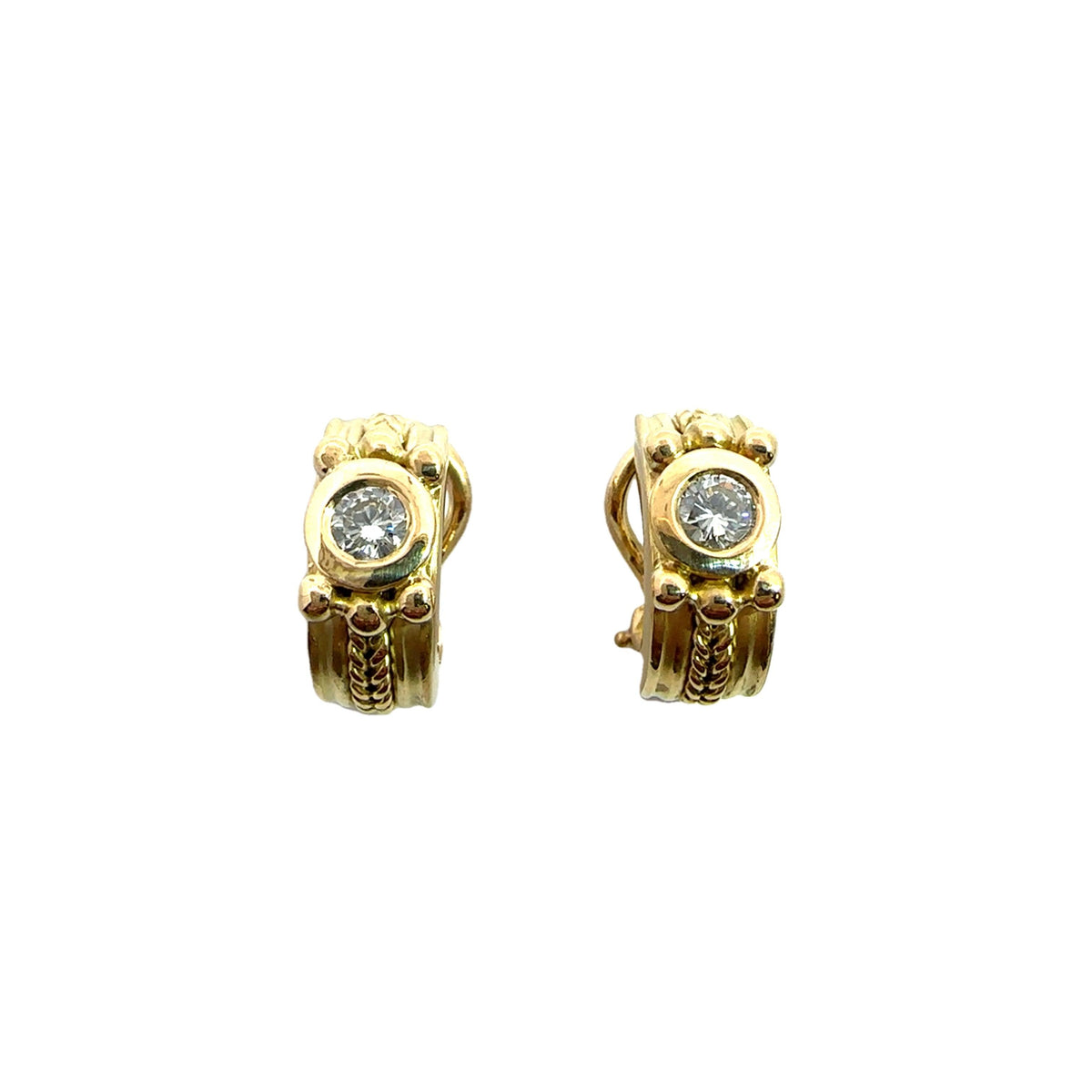 Estate Bezel Set Diamond Yellow Gold Huggie Earrings