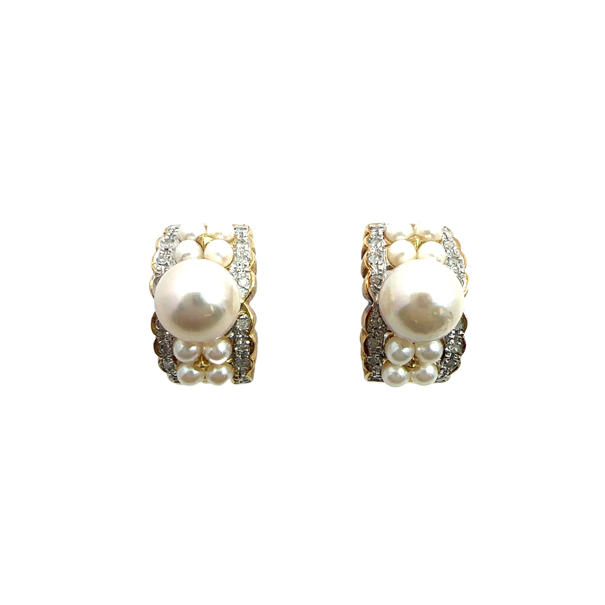 Estate Pearl, Diamond and Yellow Gold Earrings