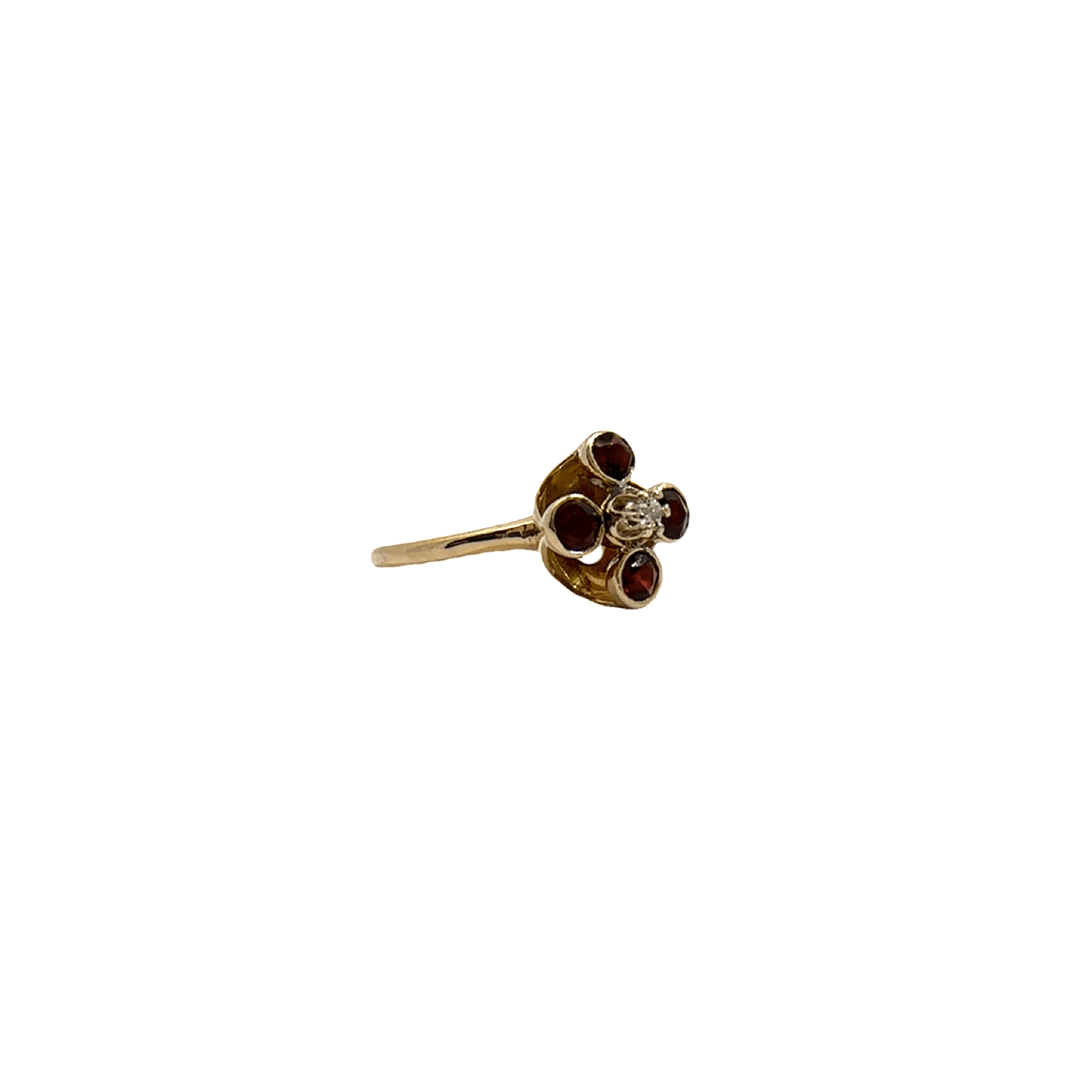 Vintage Floral 10k Yellow Gold Garnet and Mine Cut Diamond  Ring