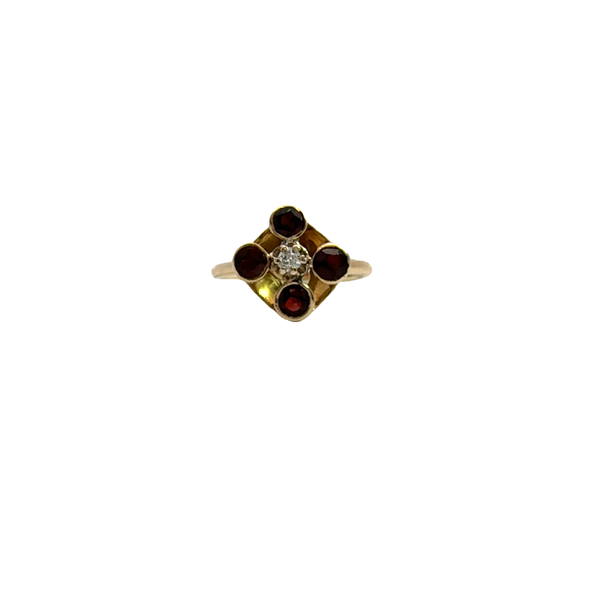 Vintage Floral 10k Yellow Gold Garnet and Mine Cut Diamond  Ring