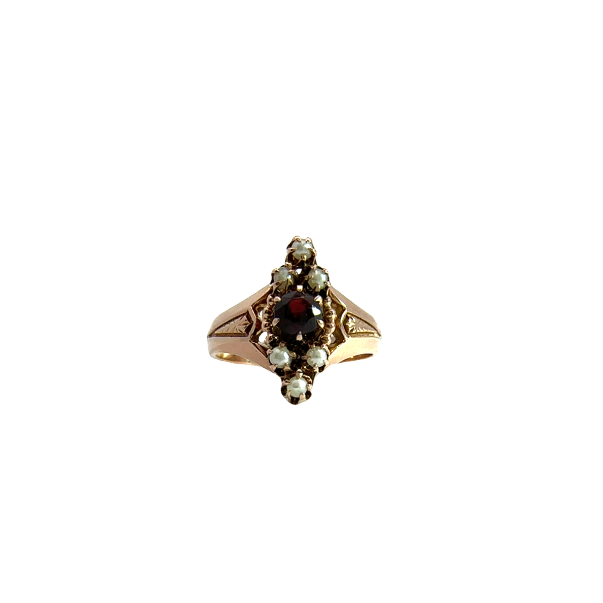 Vintage 10k Rose Gold Garnet and Seed Pearl Ring