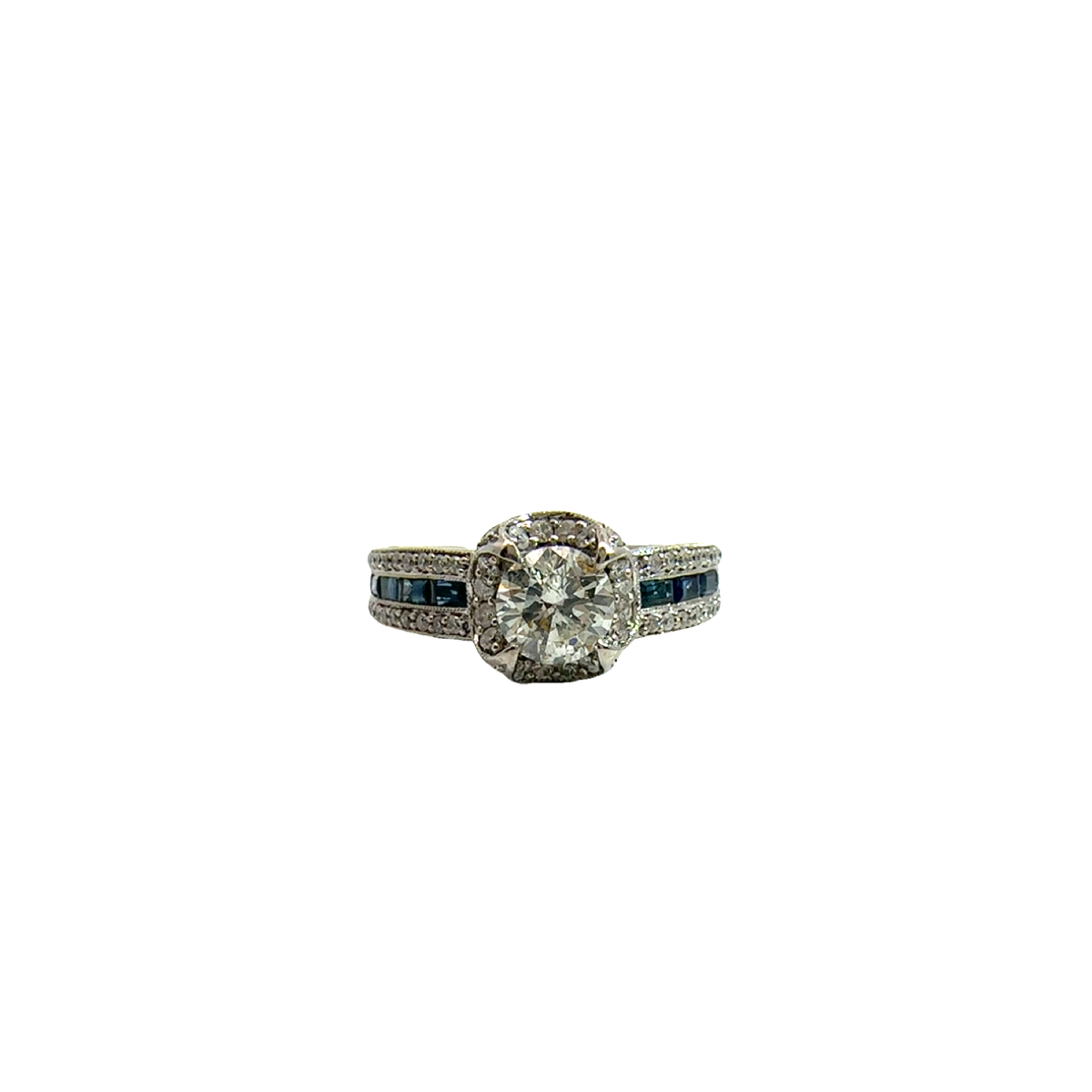 Vintage 14k White Gold Round Brilliant Diamond Halo Engagement Ring With Sapphire Accents-1.30CTW