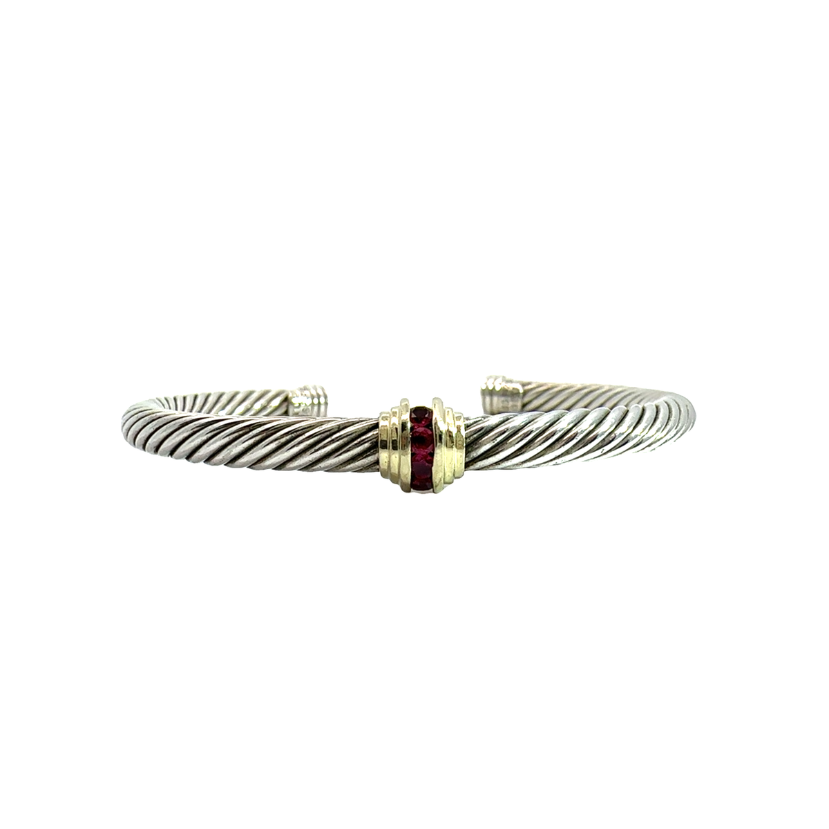 Estate David Yurman Sterling Silver &amp; 14k Yellow Gold Ruby Cable Cuff Bracelet