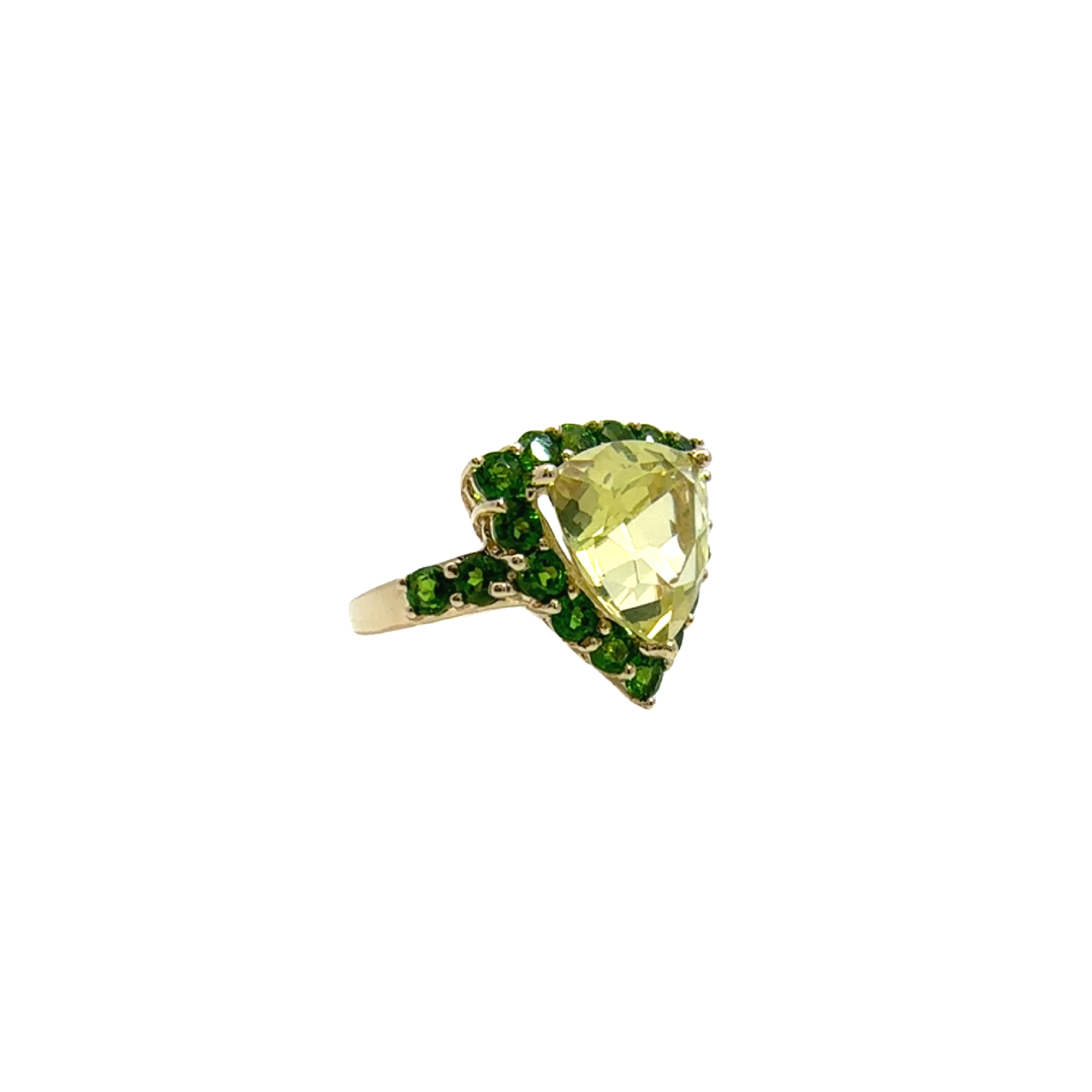 Estate 14k Yellow Gold Lemon Quartz and Green Chrome Diopside Halo Ring