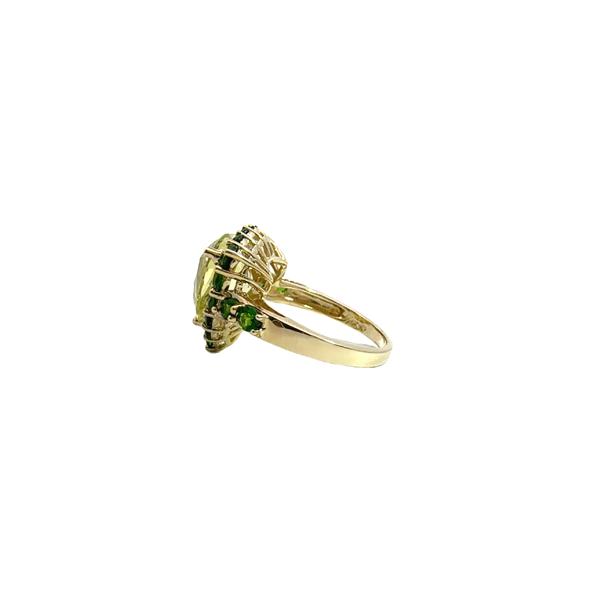 Estate 14k Yellow Gold Lemon Quartz and Green Chrome Diopside Halo Ring