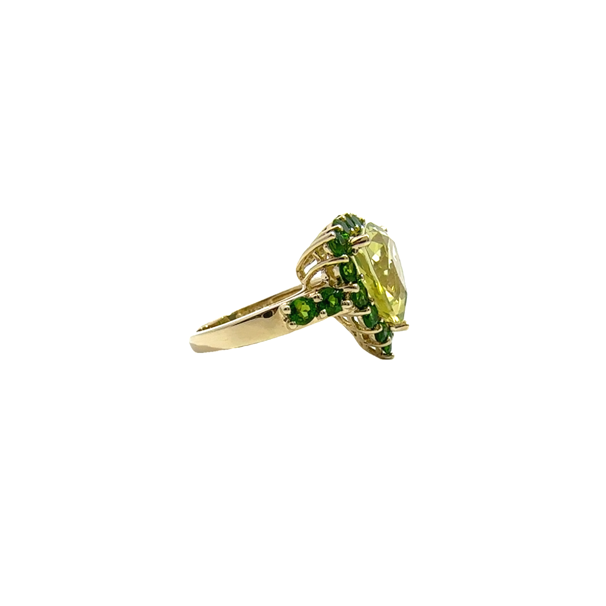 Estate 14k Yellow Gold Lemon Quartz and Green Chrome Diopside Halo Ring