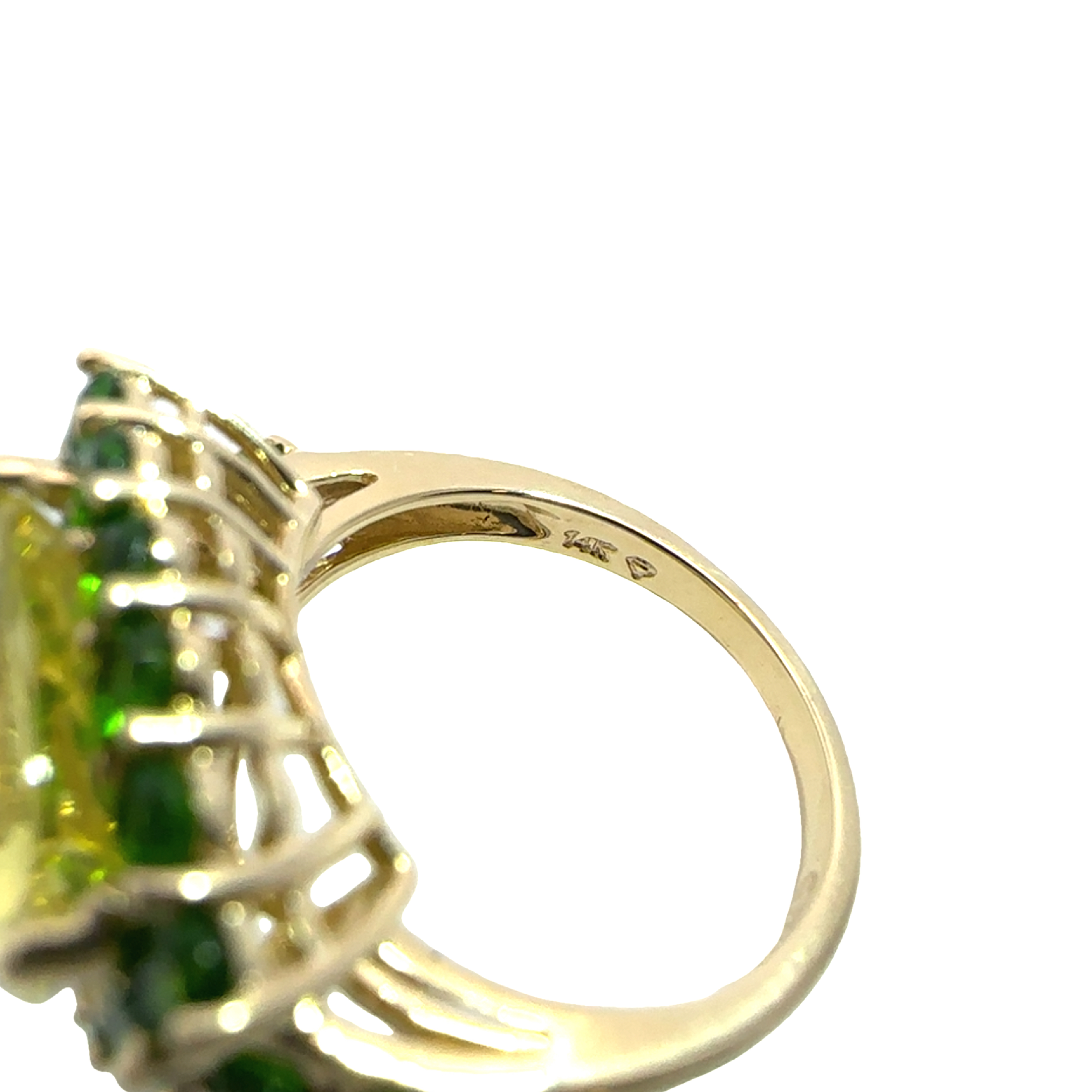 Estate 14k Yellow Gold Lemon Quartz and Green Chrome Diopside Halo Ring