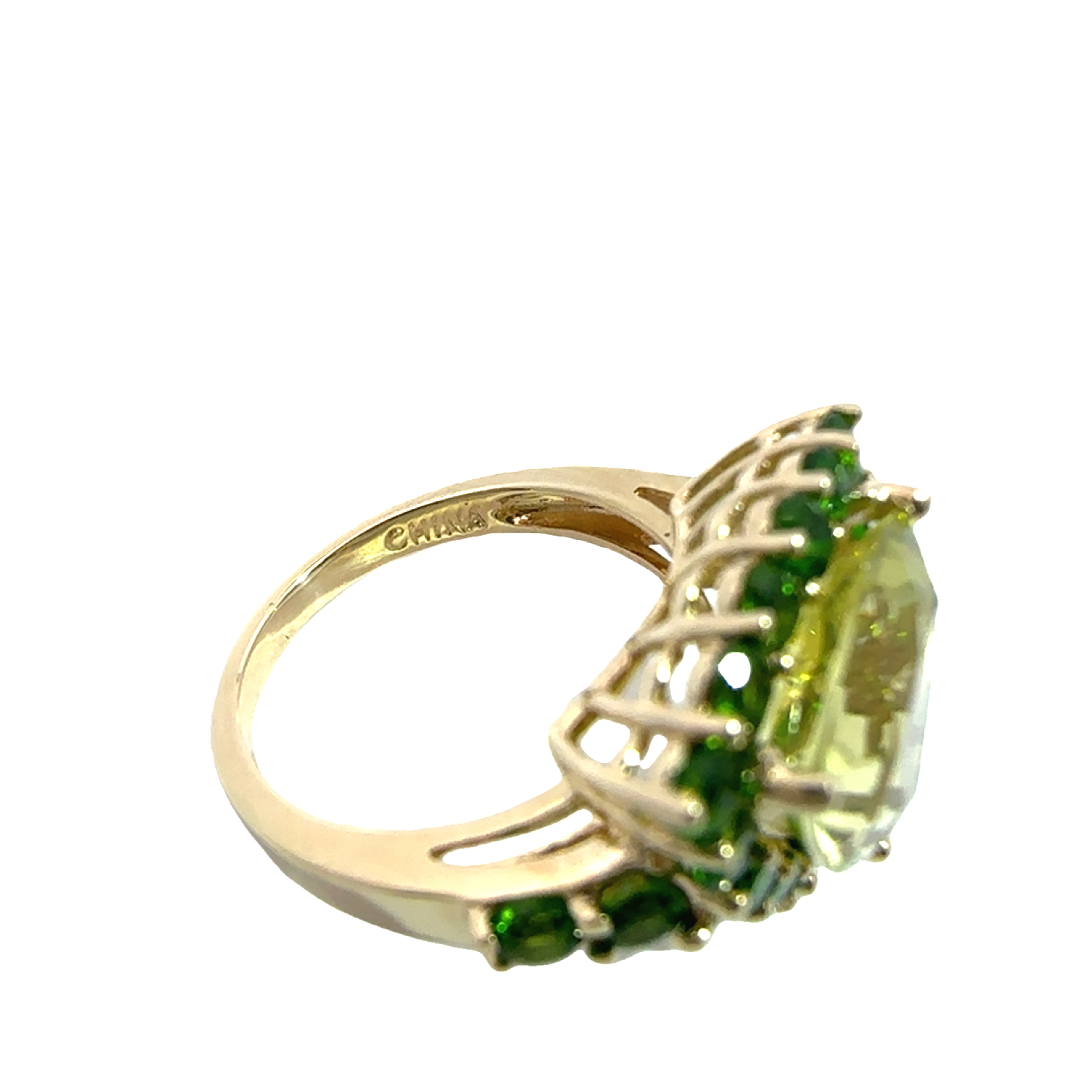 Estate 14k Yellow Gold Lemon Quartz and Green Chrome Diopside Halo Ring