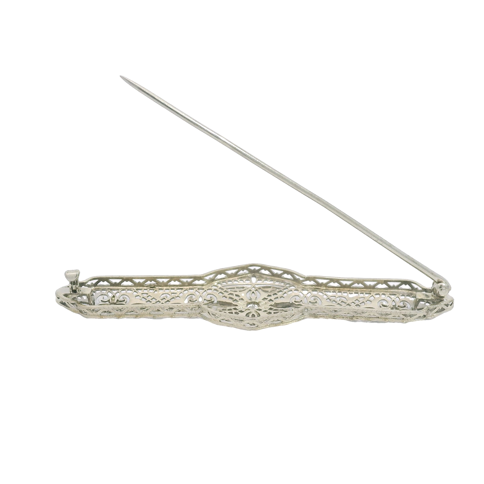 Vintage 14k White Gold Filigree Diamond Brooch