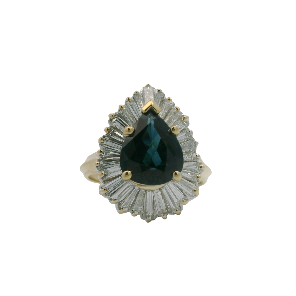Vintage 14k Yellow Gold Pear Shaped Sapphire &amp; Baguette Diamond Halo Ring