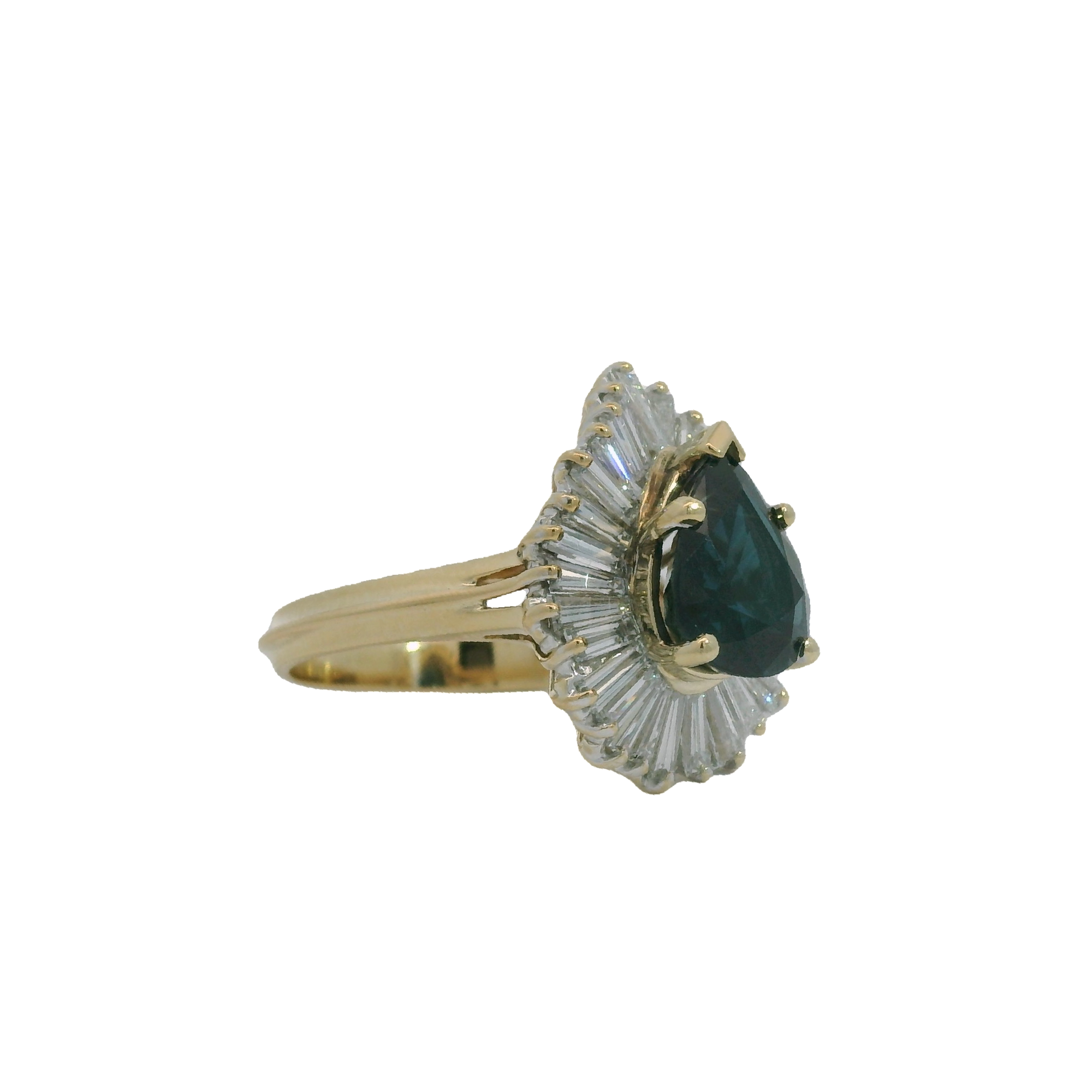 Vintage 14k Yellow Gold Pear Shaped Sapphire & Baguette Diamond Halo Ring