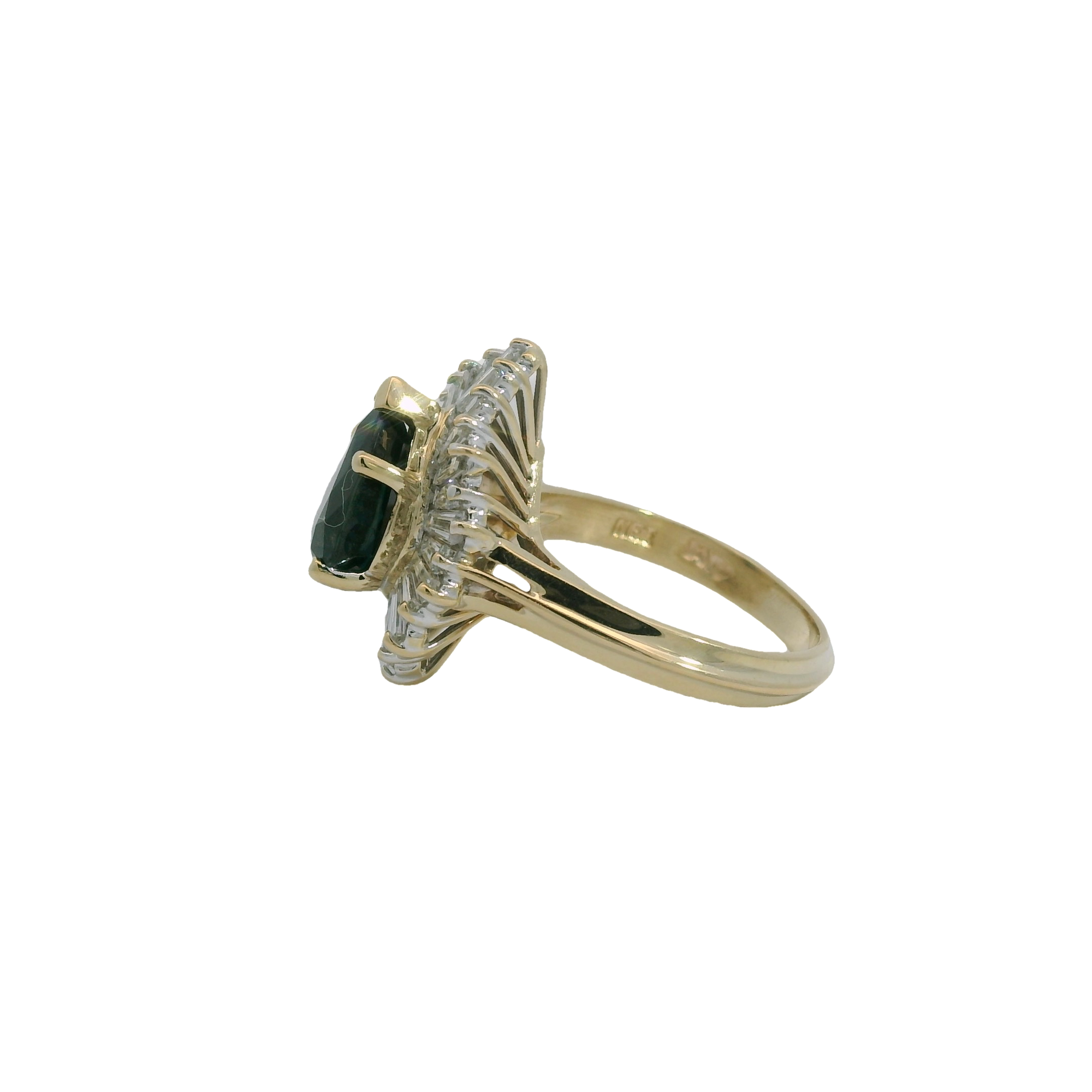 Vintage 14k Yellow Gold Pear Shaped Sapphire & Baguette Diamond Halo Ring