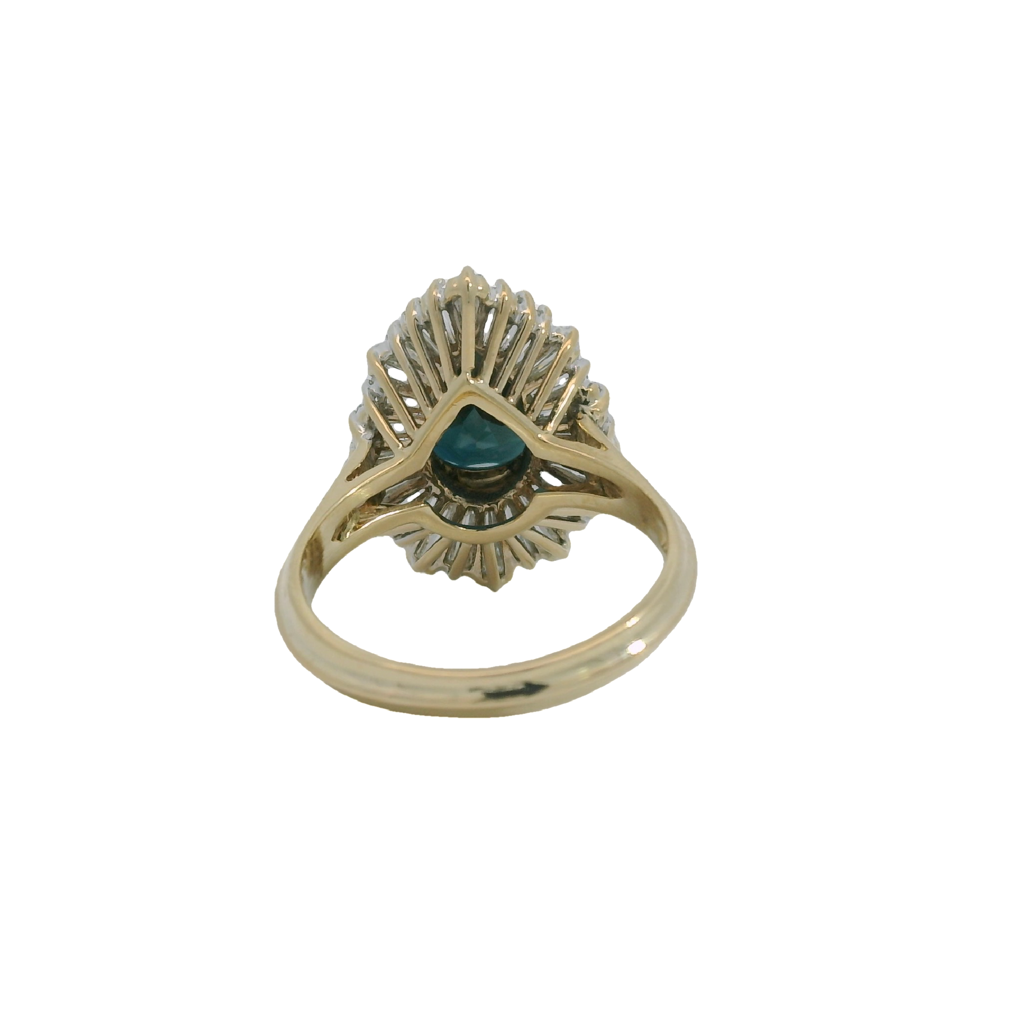 Vintage 14k Yellow Gold Pear Shaped Sapphire & Baguette Diamond Halo Ring