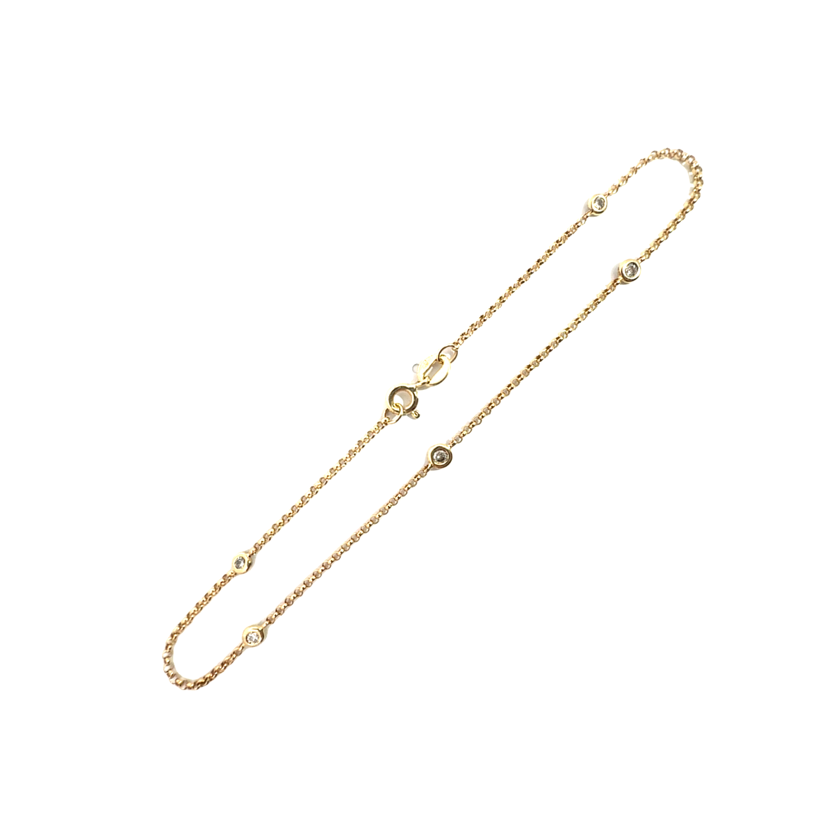 Estate Bezel Set Diamond &amp; 14k Yellow Gold Chain Anklet 9&quot;