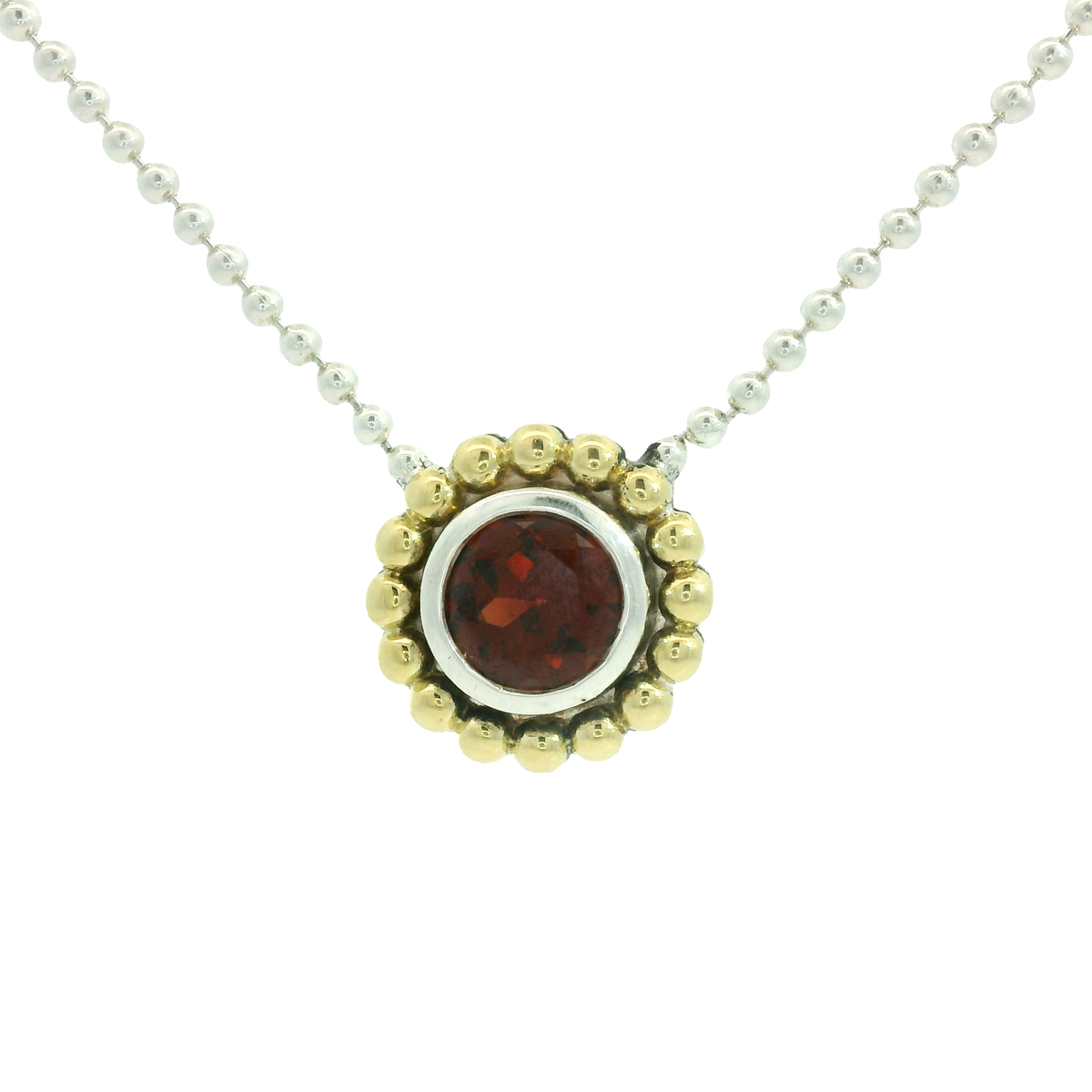 Estate Lagos Sterling Silver &amp; 18k Yellow Gold Garnet Pendant Necklace 18&quot;