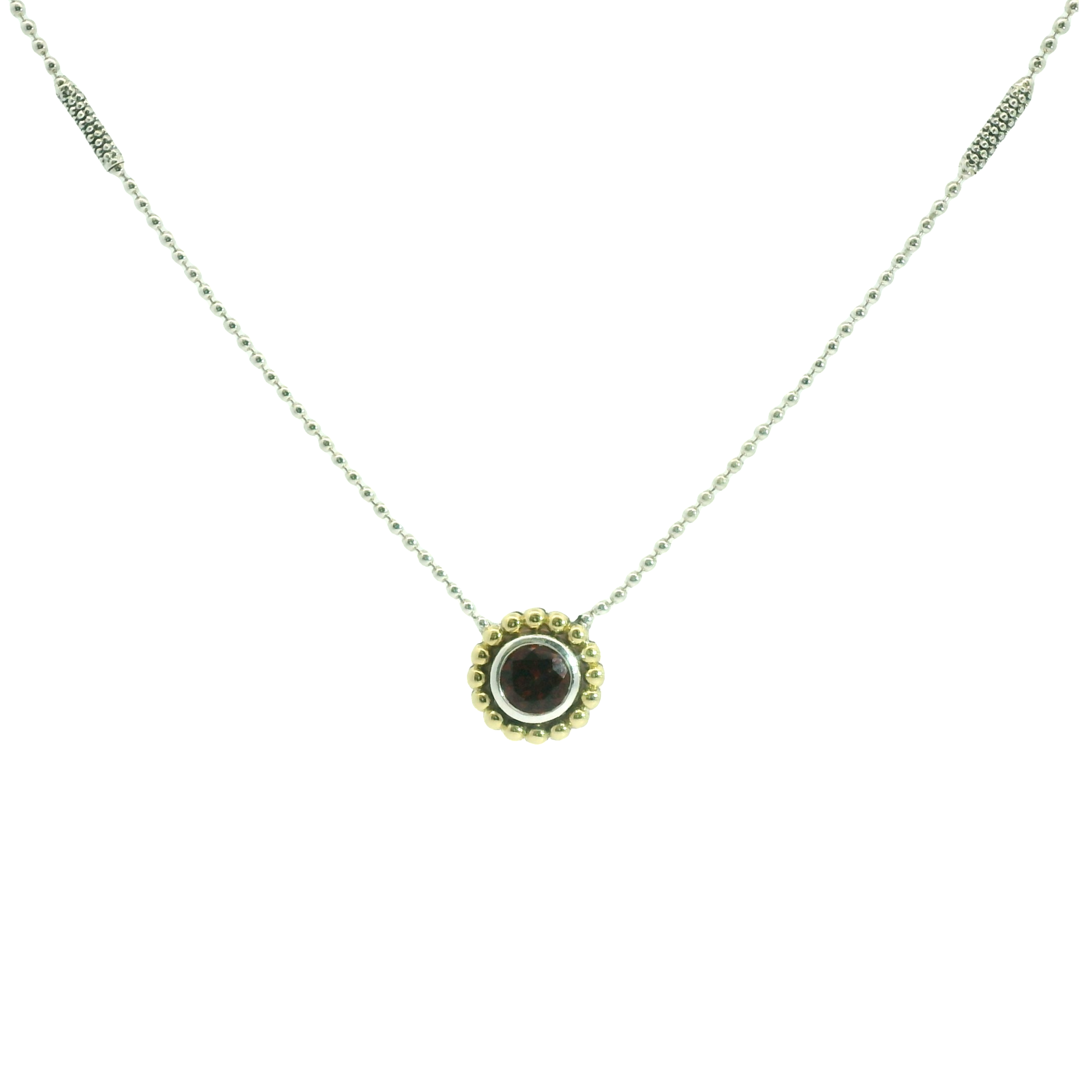 Estate Lagos Sterling Silver & 18k Yellow Gold Garnet Pendant Necklace 18"