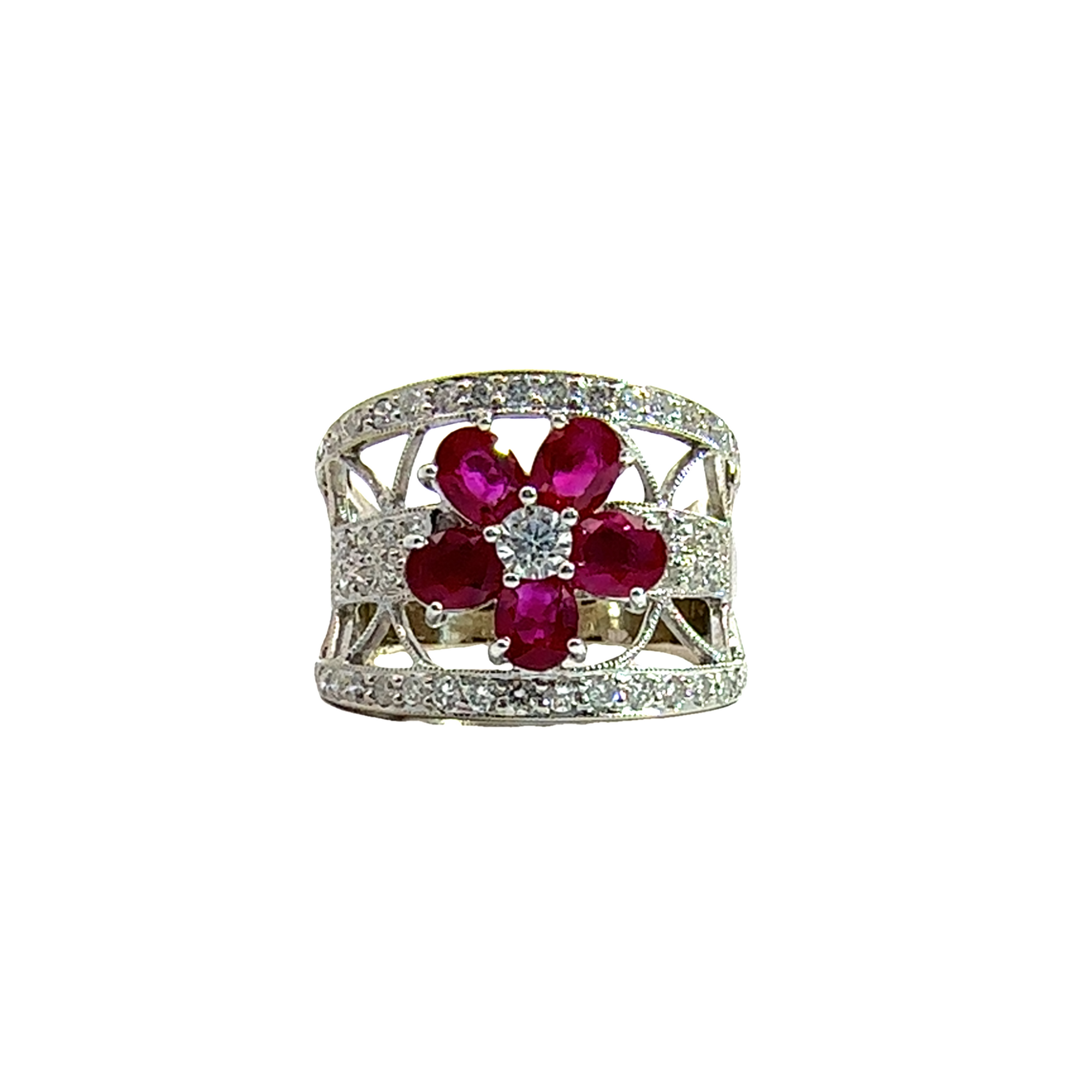 Estate 18k White Gold Floral Ruby and Diamond Ring