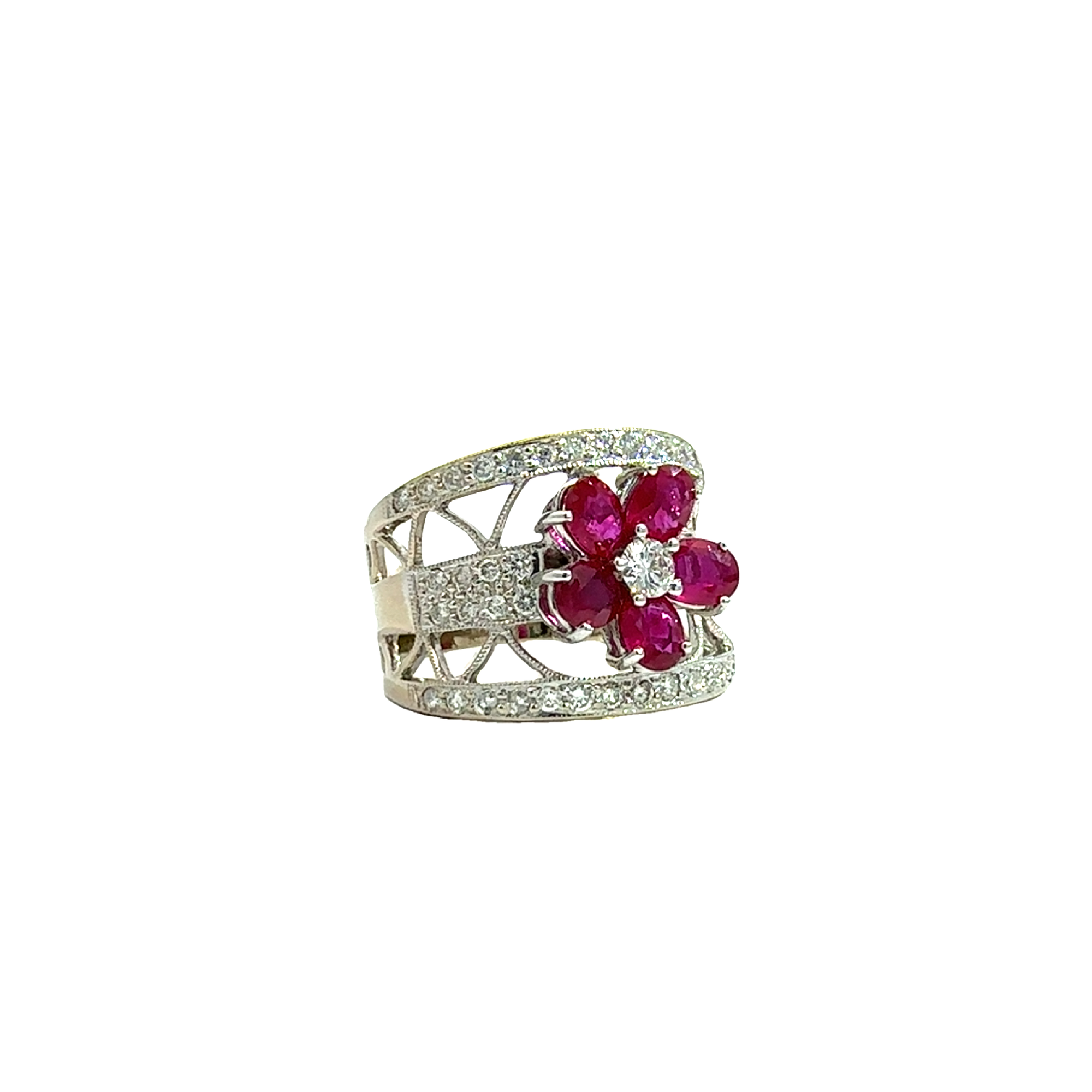 Estate 18k White Gold Floral Ruby and Diamond Ring