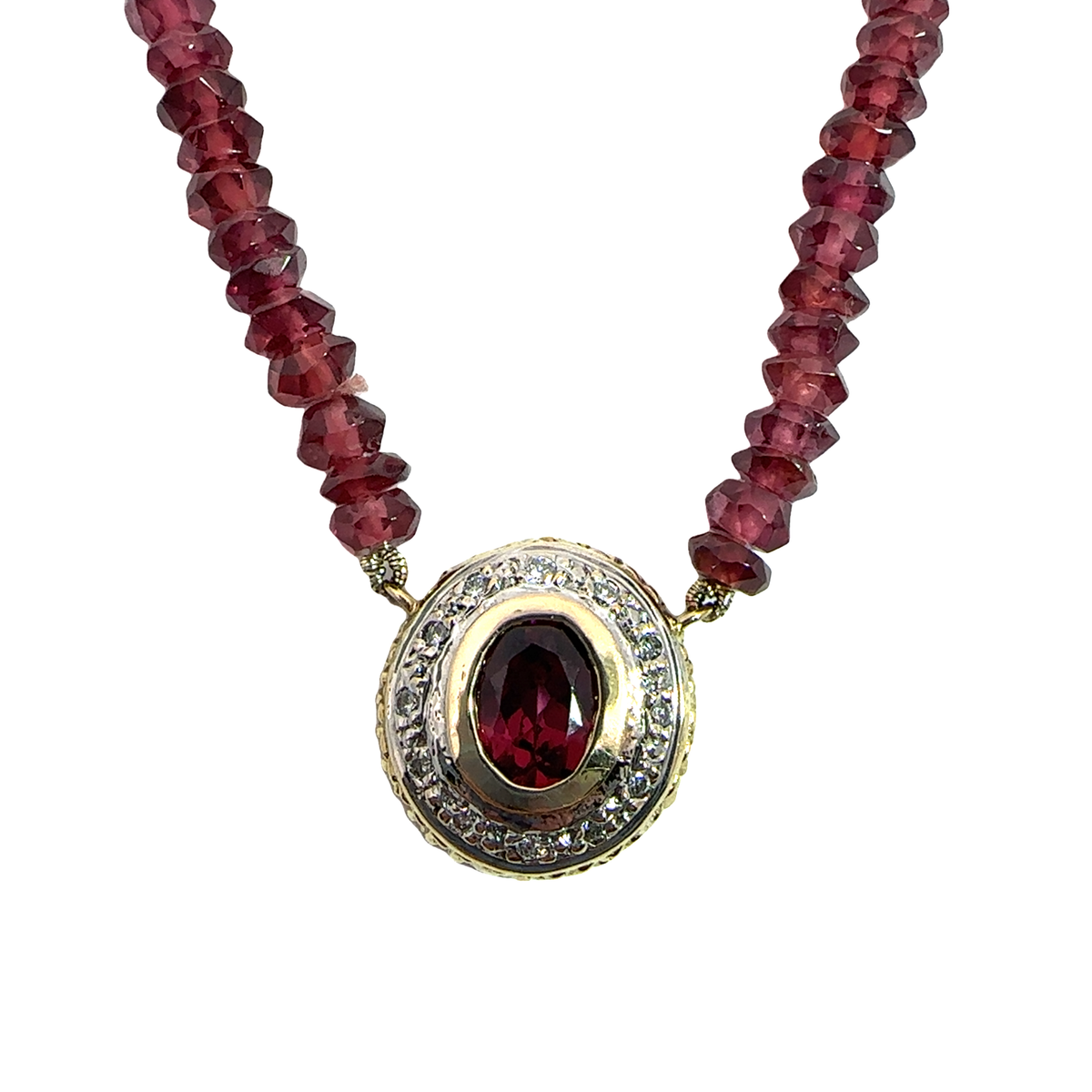 Vintage Beaded 14k Yellow Gold Rhodolite Garnet and Diamond Pendant Necklace 16&quot;
