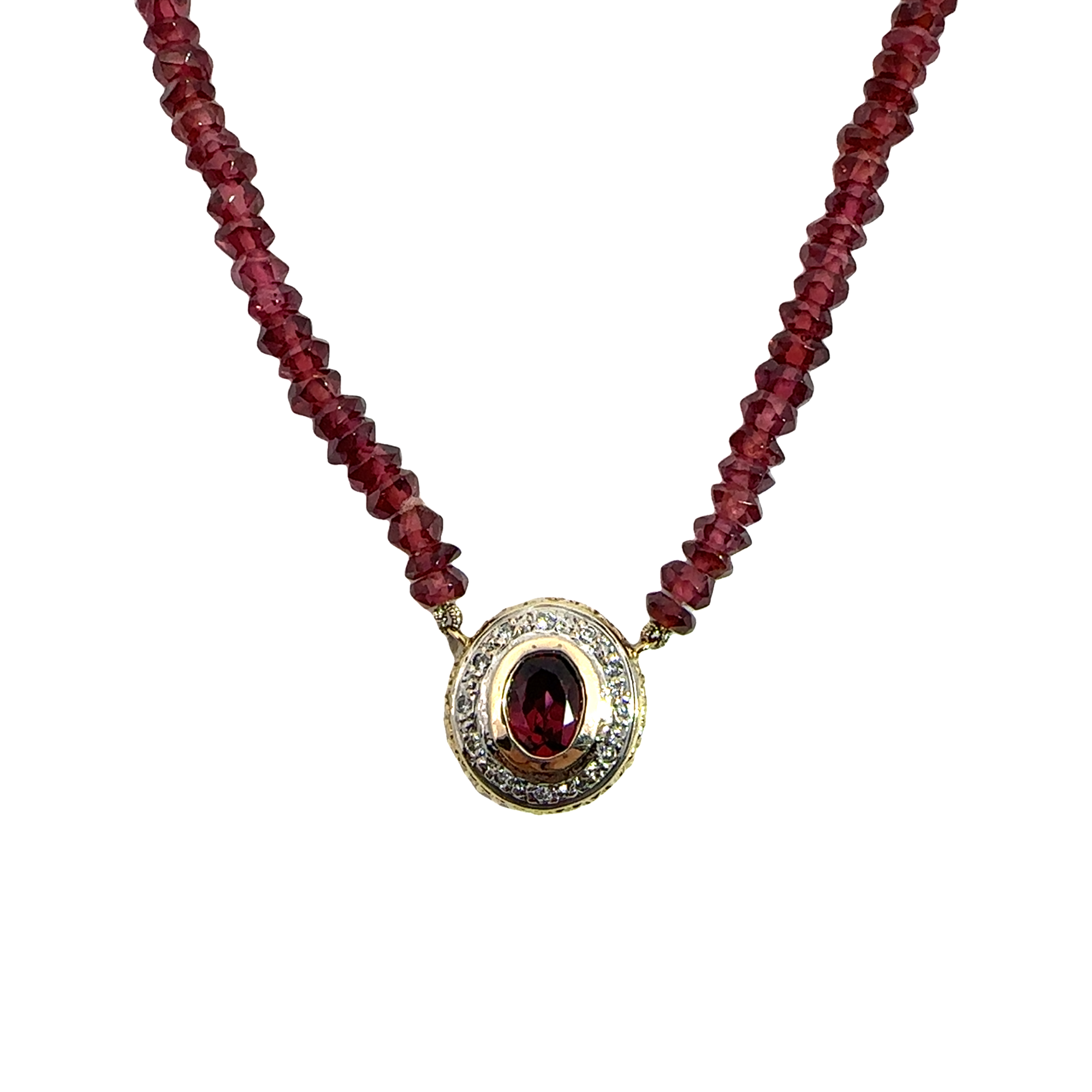 Vintage Beaded 14k Yellow Gold Rhodolite Garnet and Diamond Pendant Necklace 16"