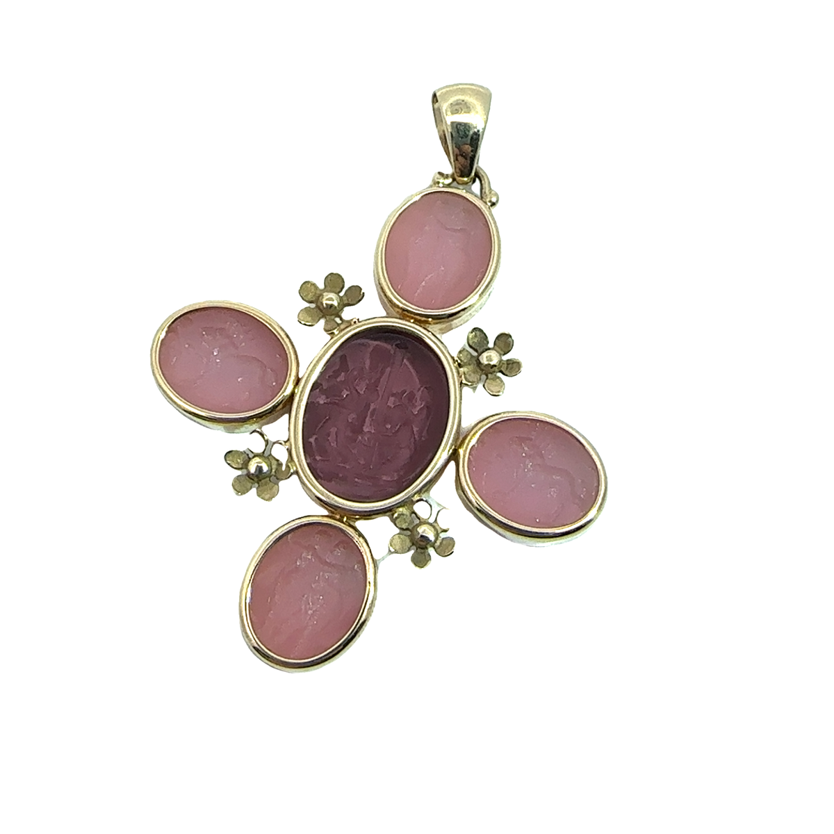 Vintage 14k Yellow Gold Venetian Etched Glass Pendant