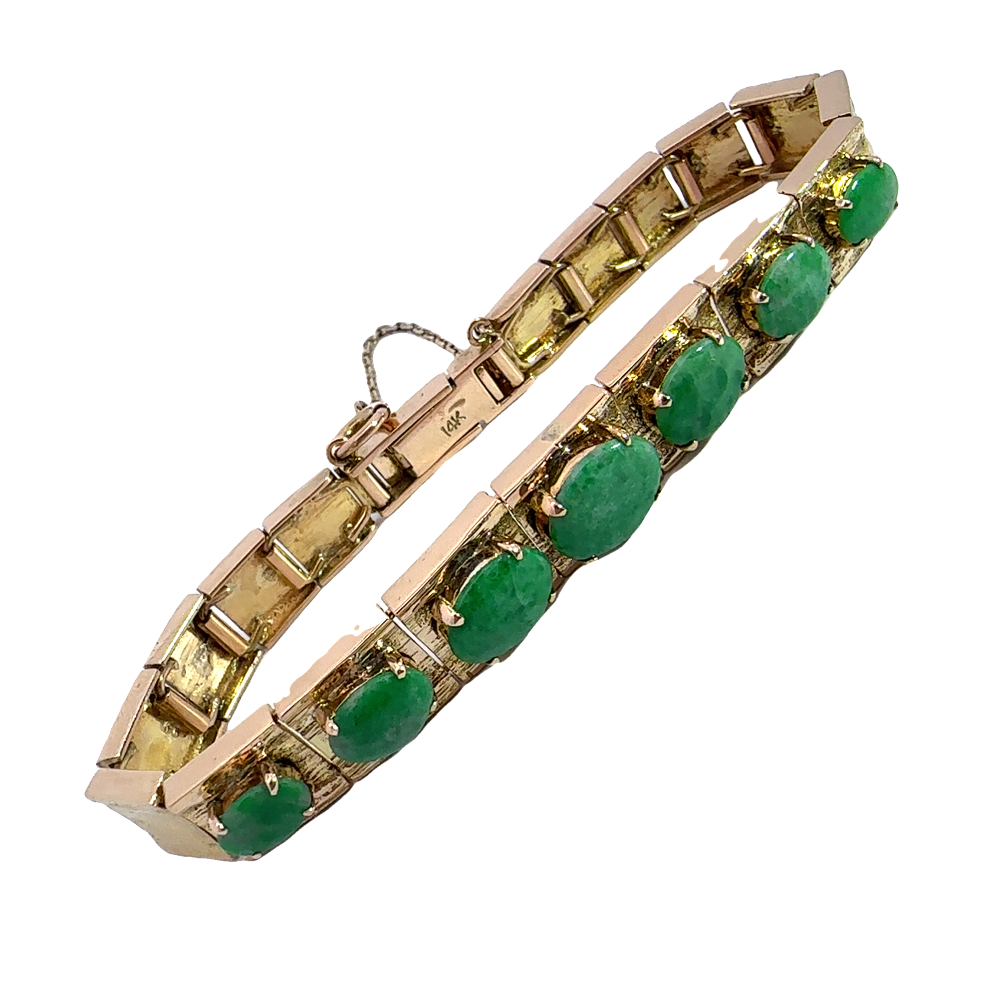 Vintage 14k Yellow Gold Green Nephrite Jade Link Bracelet 7"