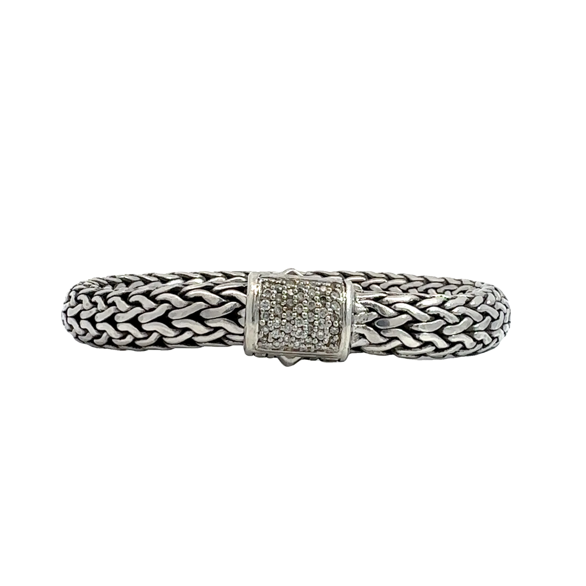 Estate John Hardy Sterling Silver and 18k White Gold Diamond Pave Woven Bracelet-X-Small