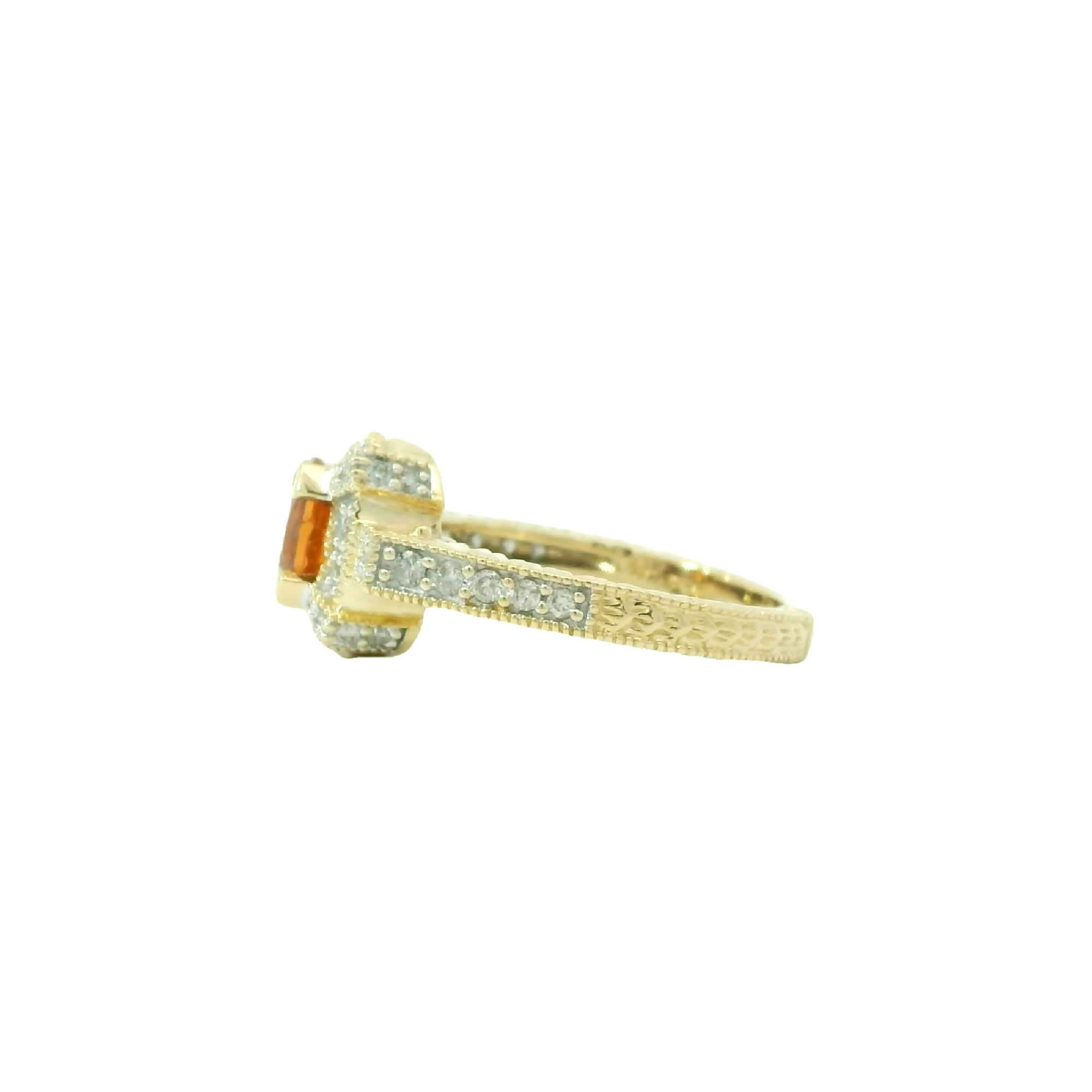 Vintage Milgrain Design 14k Yellow Gold Citrine and Diamond Ring