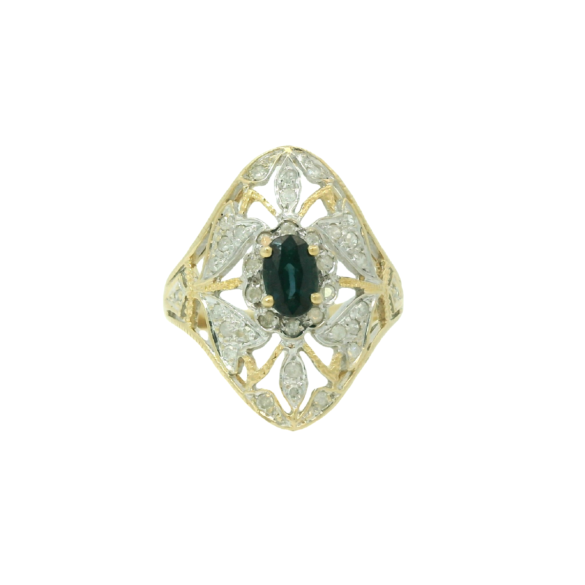 Vintage 14k Yellow Gold Openwork Diamond Accented Sapphire Ring