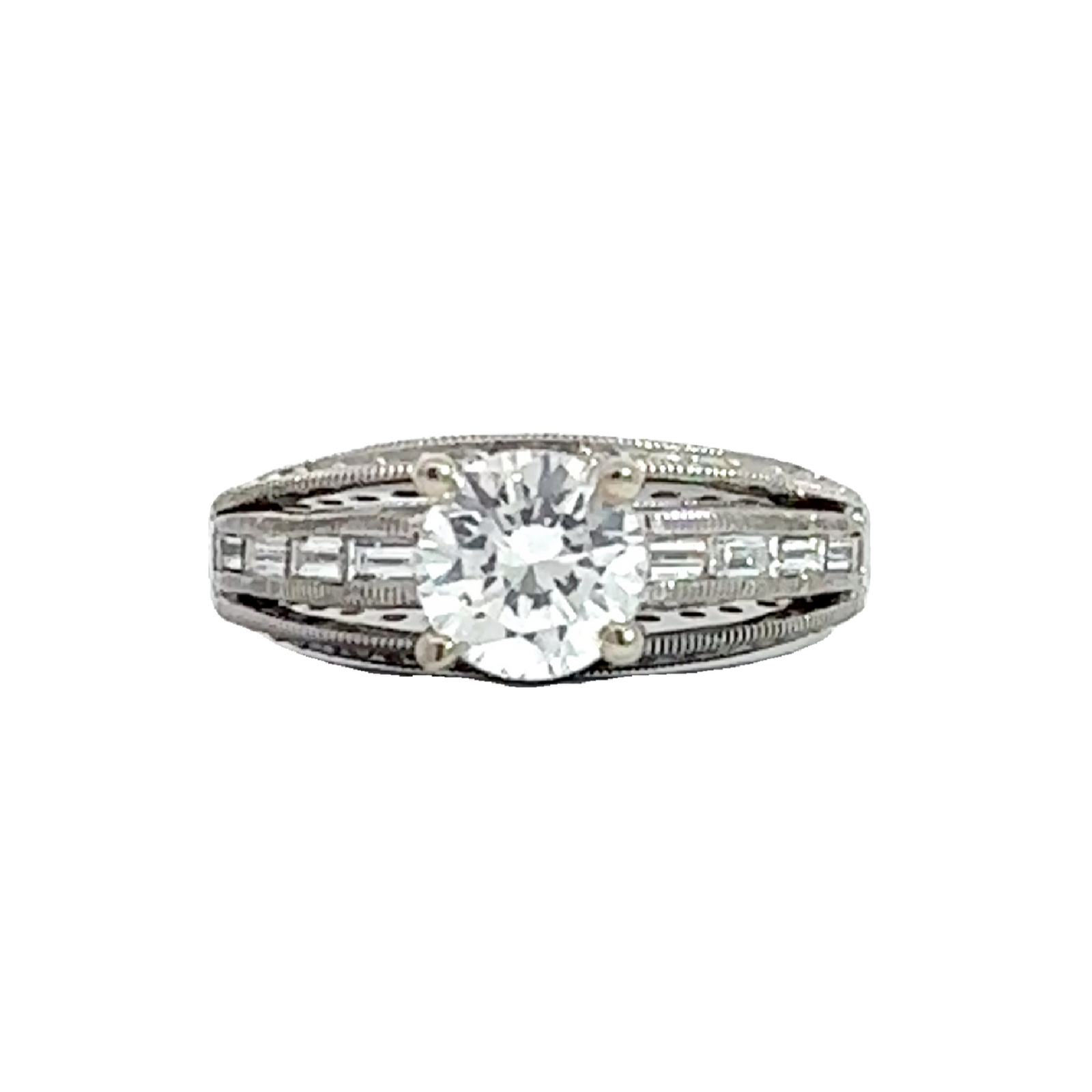 Estate 14k White Gold Round Brilliant Diamond Engagement Ring with Baguette Diamonds-1.92CTW
