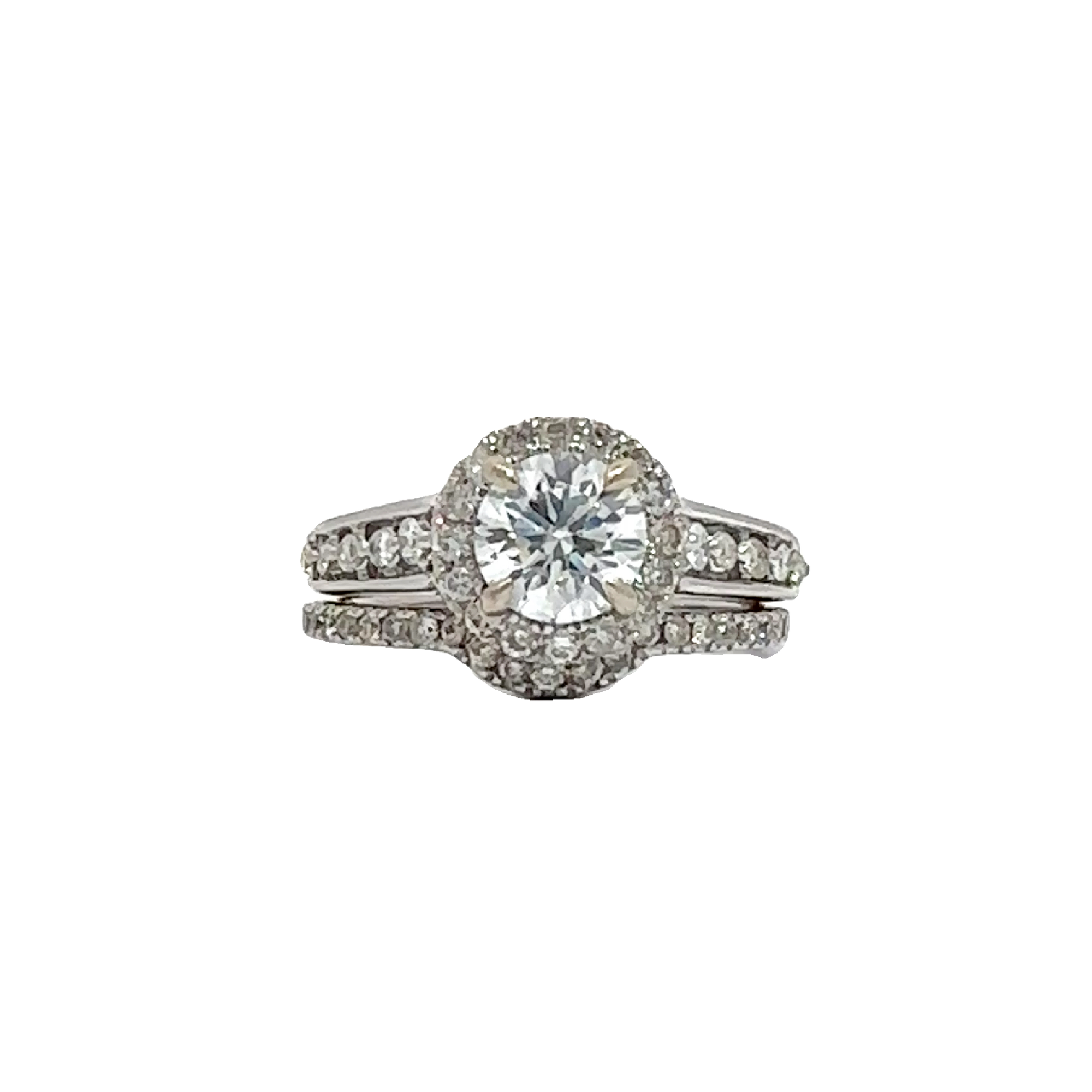 Estate 14k White Gold Round Brilliant Halo Set Diamond Bridal Set-1.69CTW