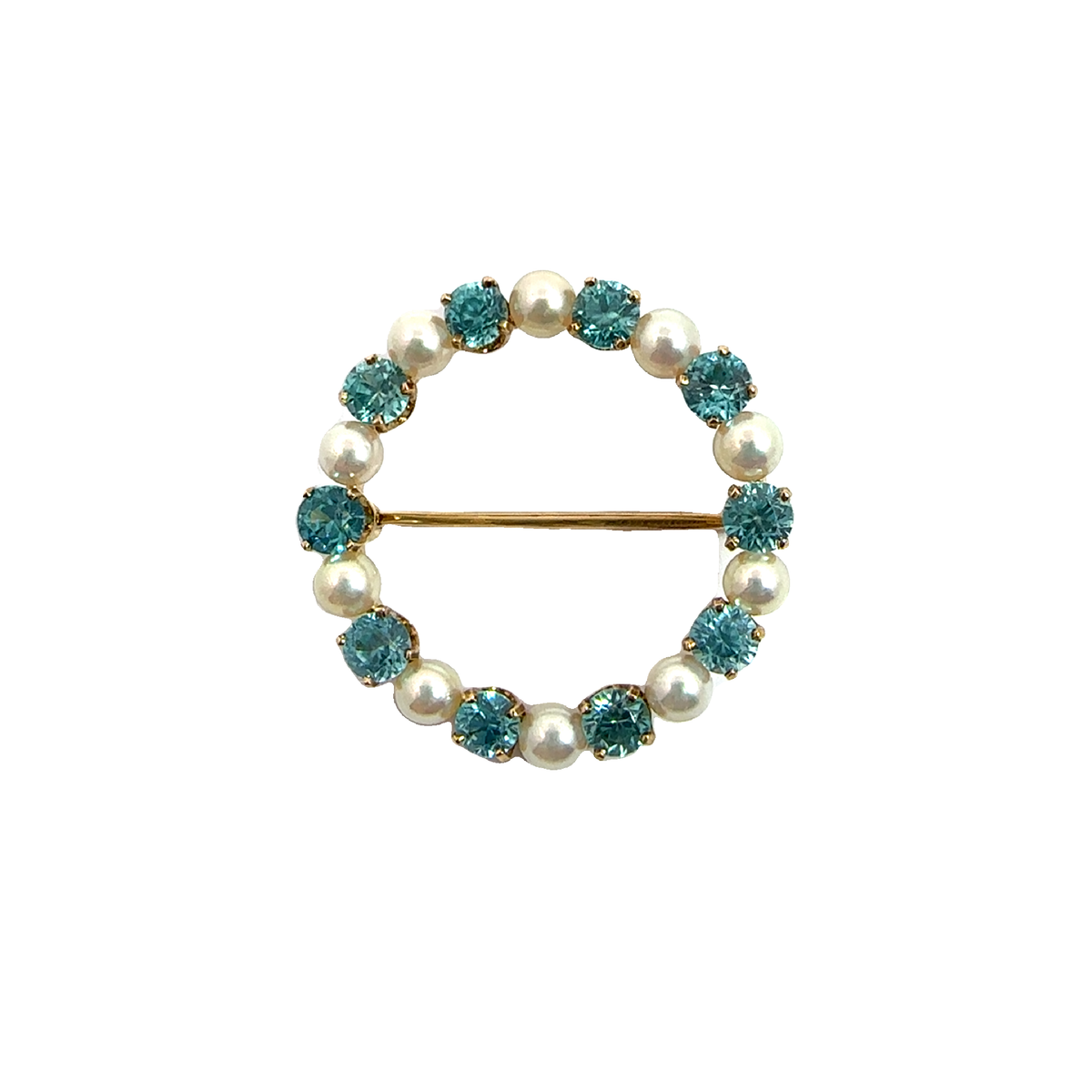 Vintage 14k Yellow Gold Blue Zircon &amp; Pearl Brooch