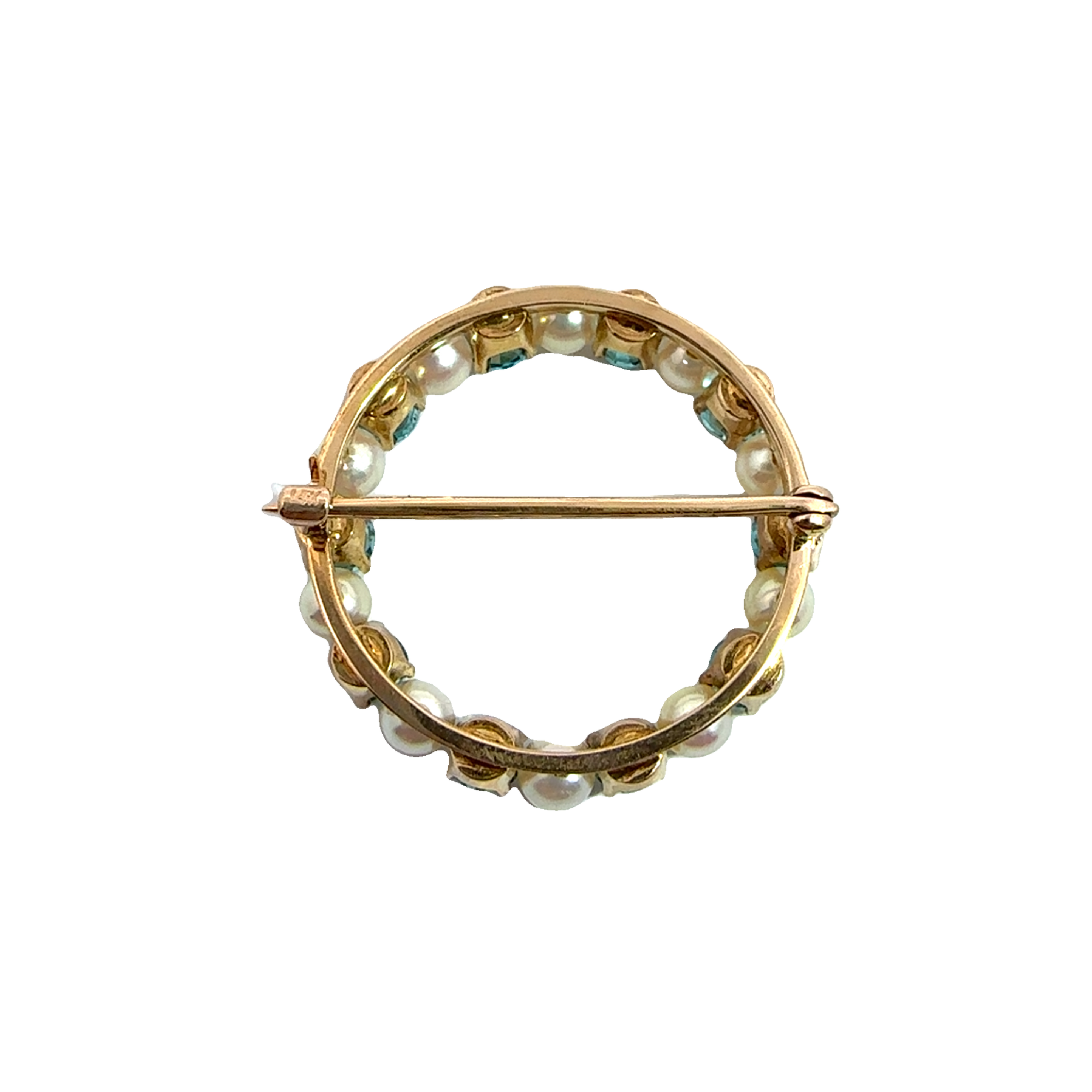 Vintage 14k Yellow Gold Blue Zircon & Pearl Brooch