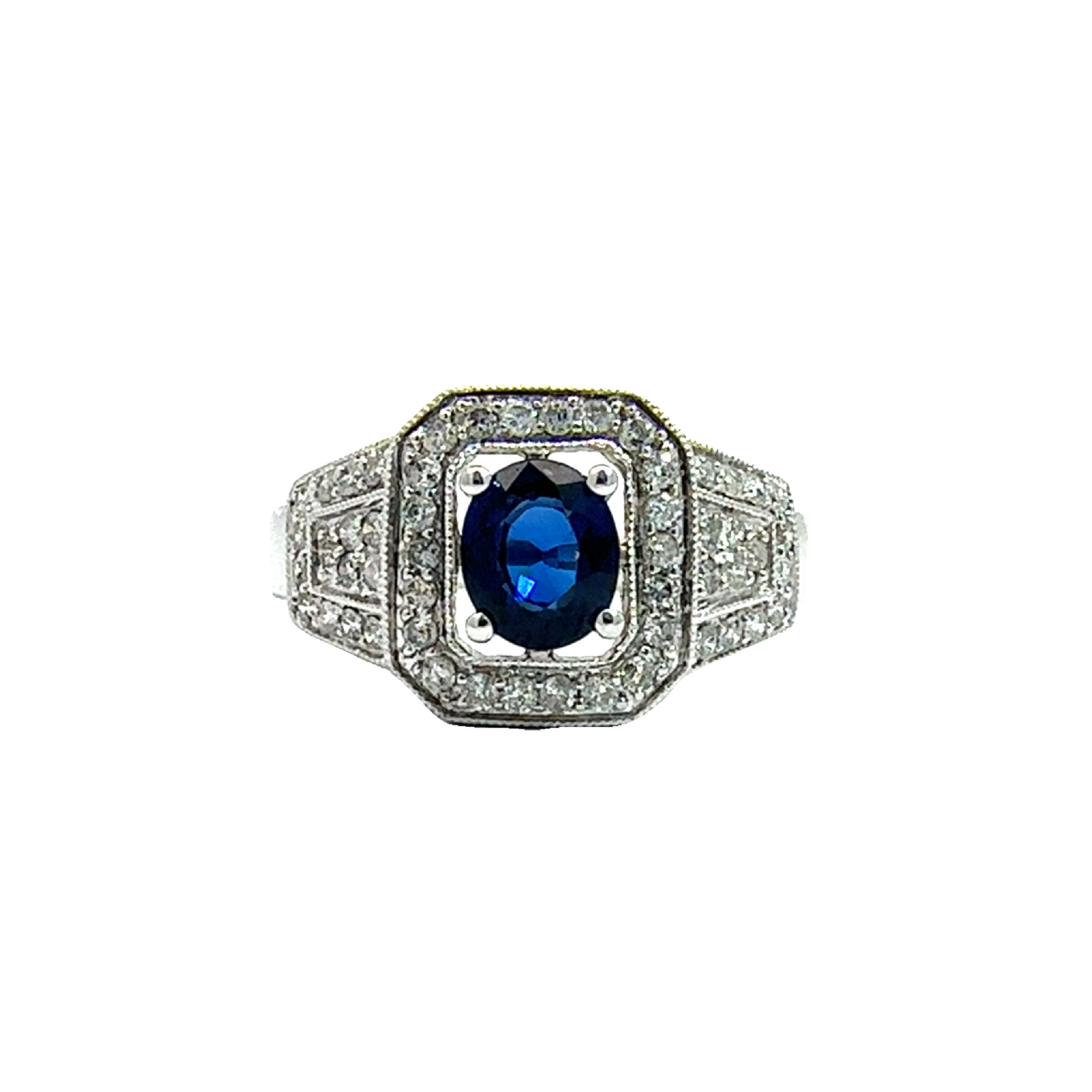 Vintage 18k White Gold Oval Cut Sapphire & Diamond Ring