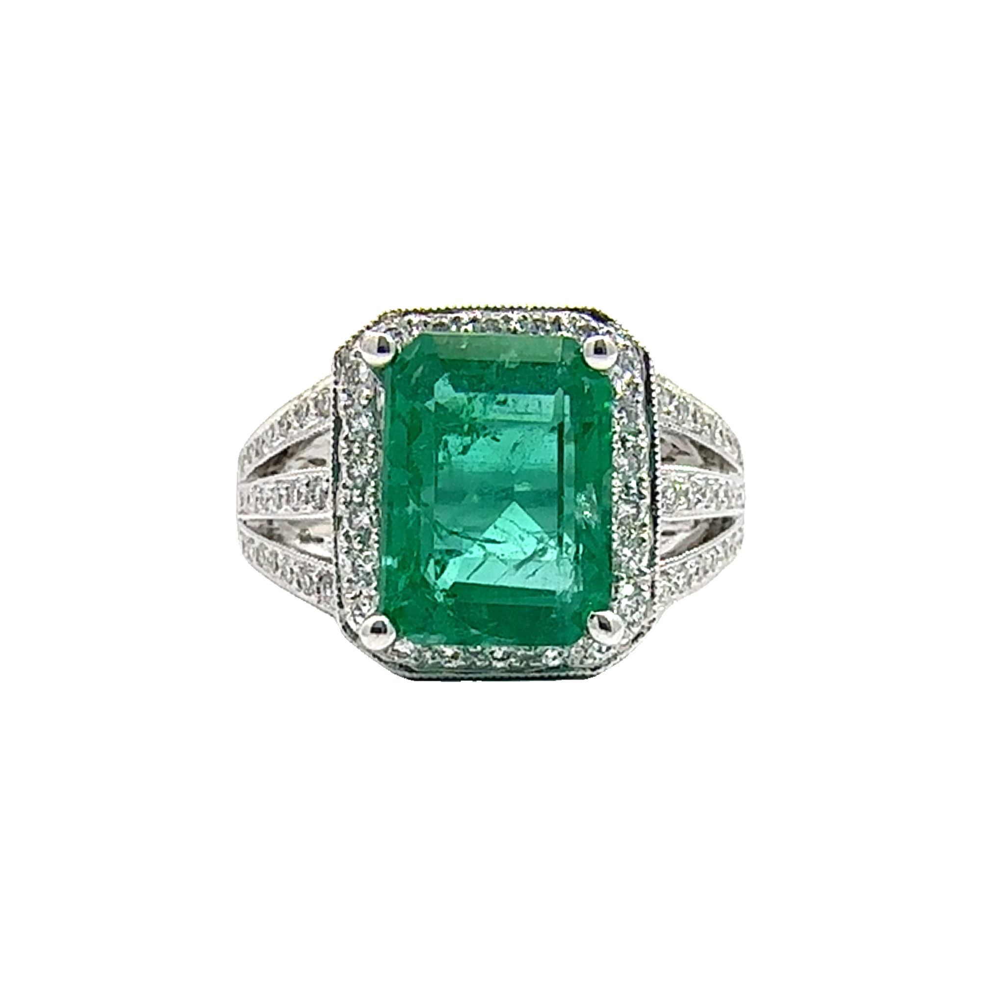 Estate 18k White Gold Rectangular Cut Emerald & Diamond Ring