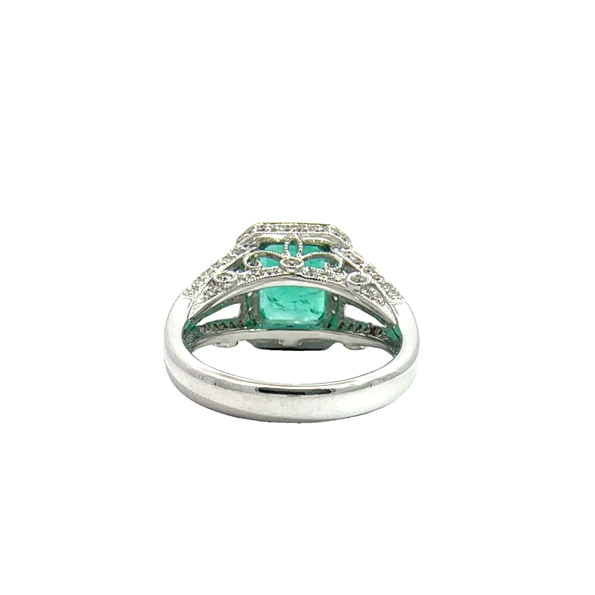 Estate 18k White Gold Rectangular Cut Emerald & Diamond Ring