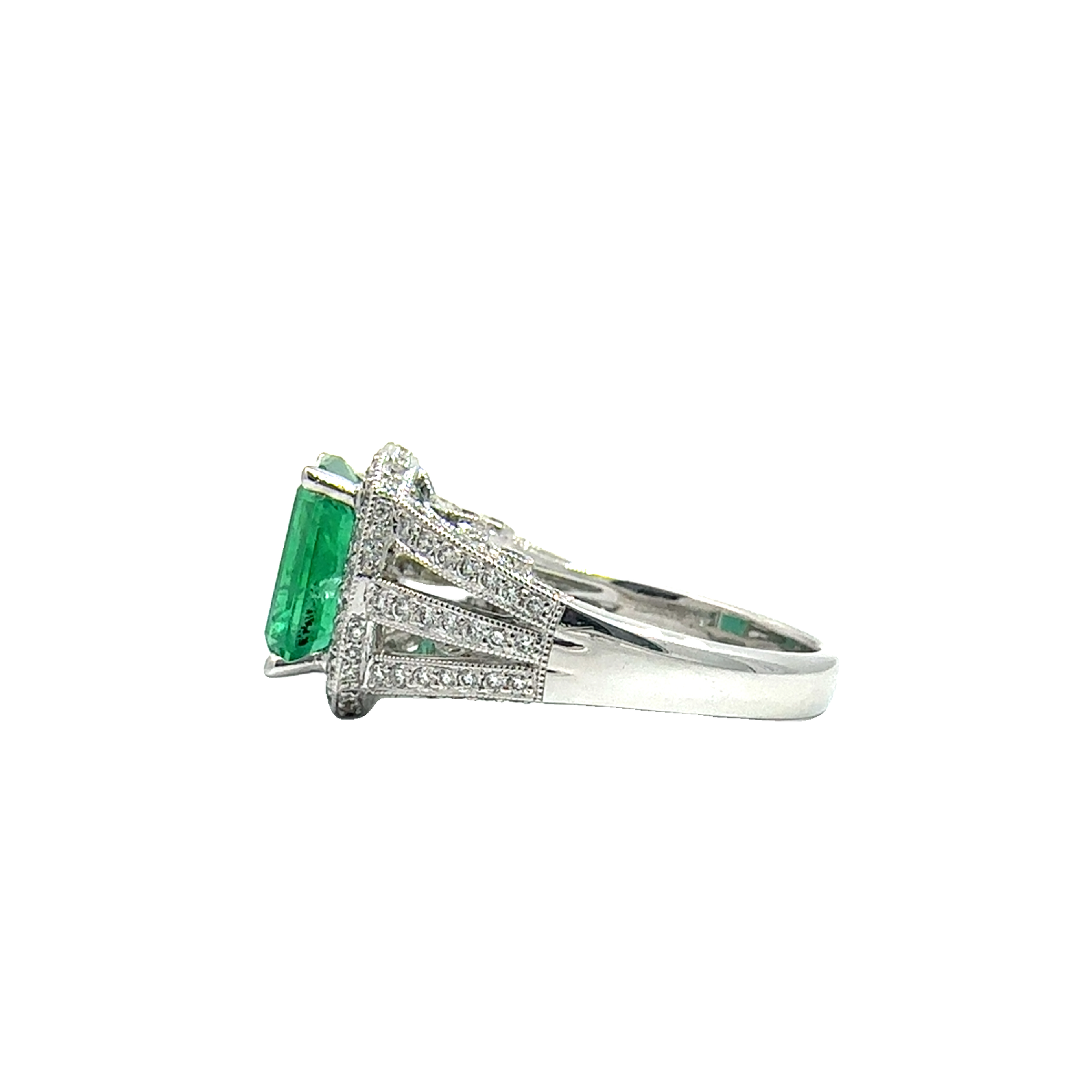 Estate 18k White Gold Rectangular Cut Emerald & Diamond Ring