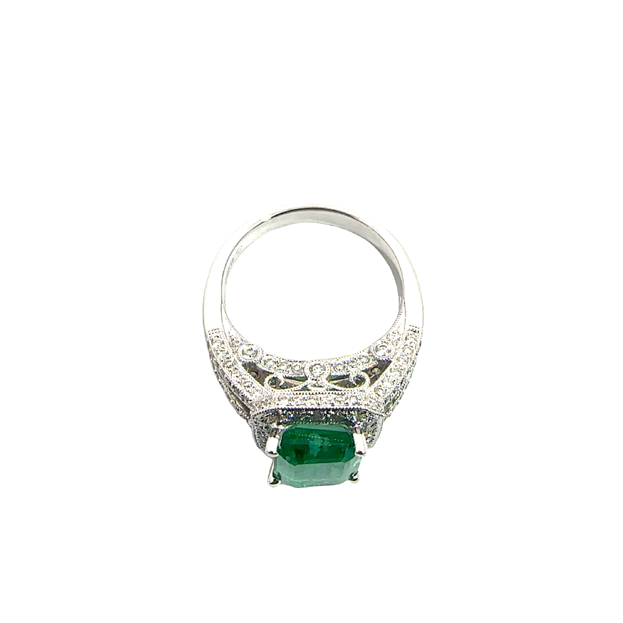 Estate 18k White Gold Rectangular Cut Emerald & Diamond Ring