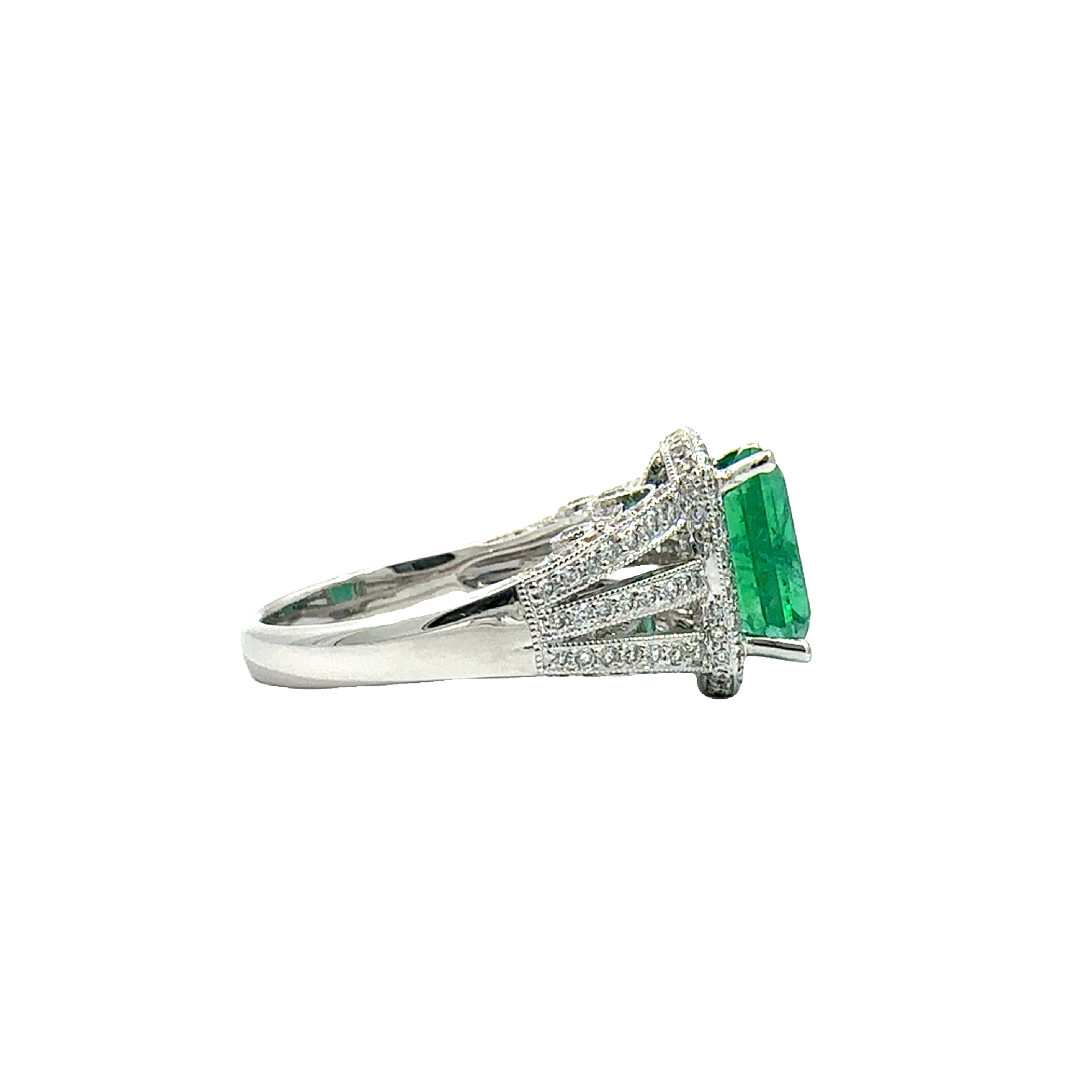 Estate 18k White Gold Rectangular Cut Emerald & Diamond Ring