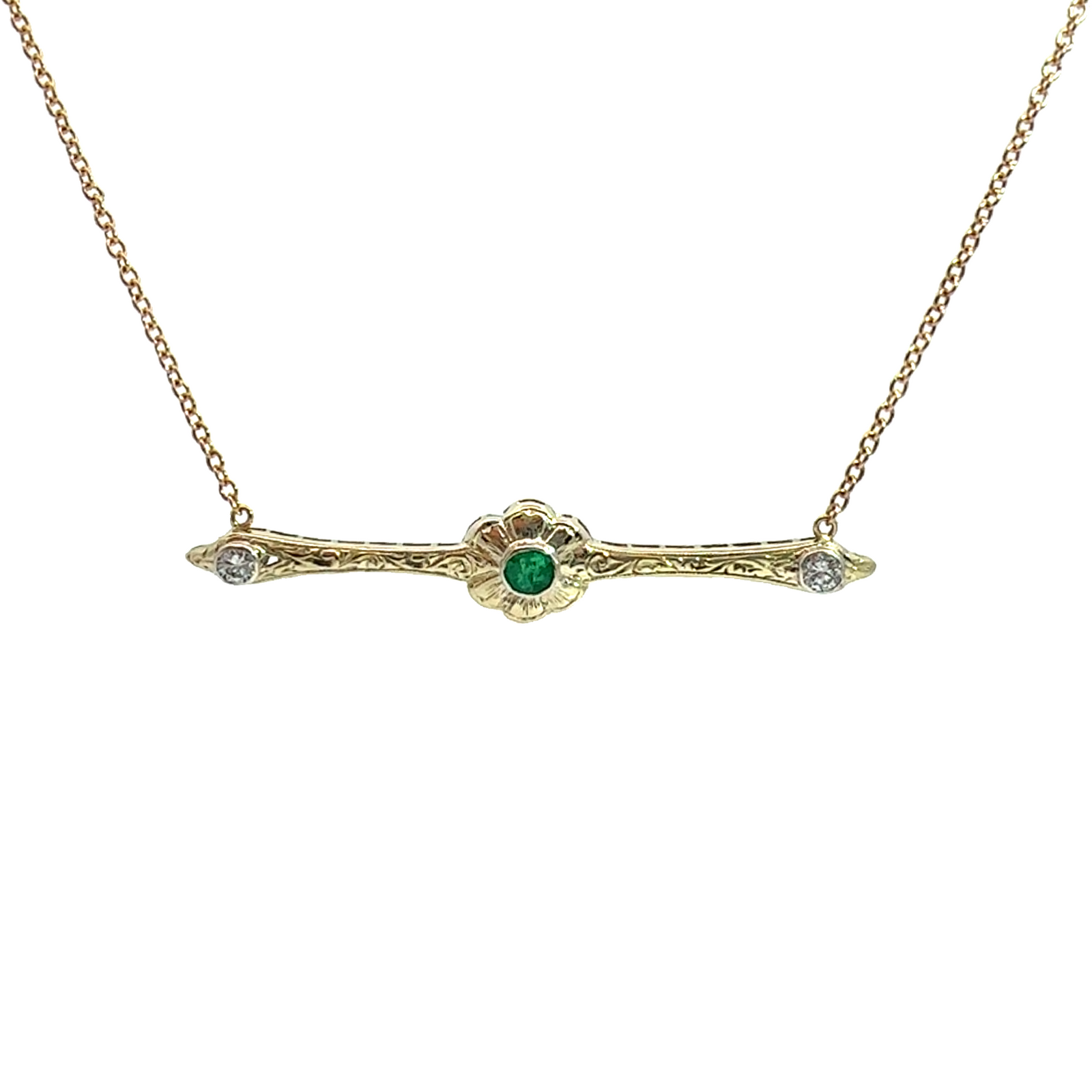 Vintage 14k Yellow Gold Emerald & Diamond Pendant Necklace 16"